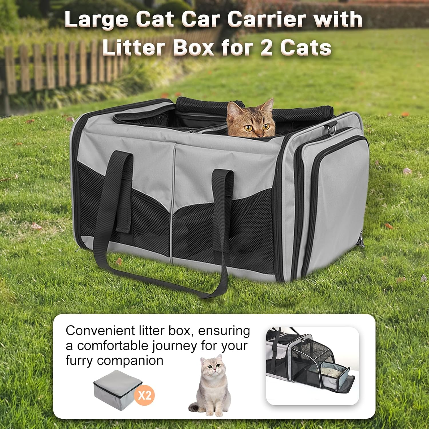 Cat Travel Carrier with Litter Box, Expandable Cat Carrier for 2 Cats for Traveling, Soft Sided Pet Carrier for Cats and Dogs up to 30Lbs, Grey image number 5