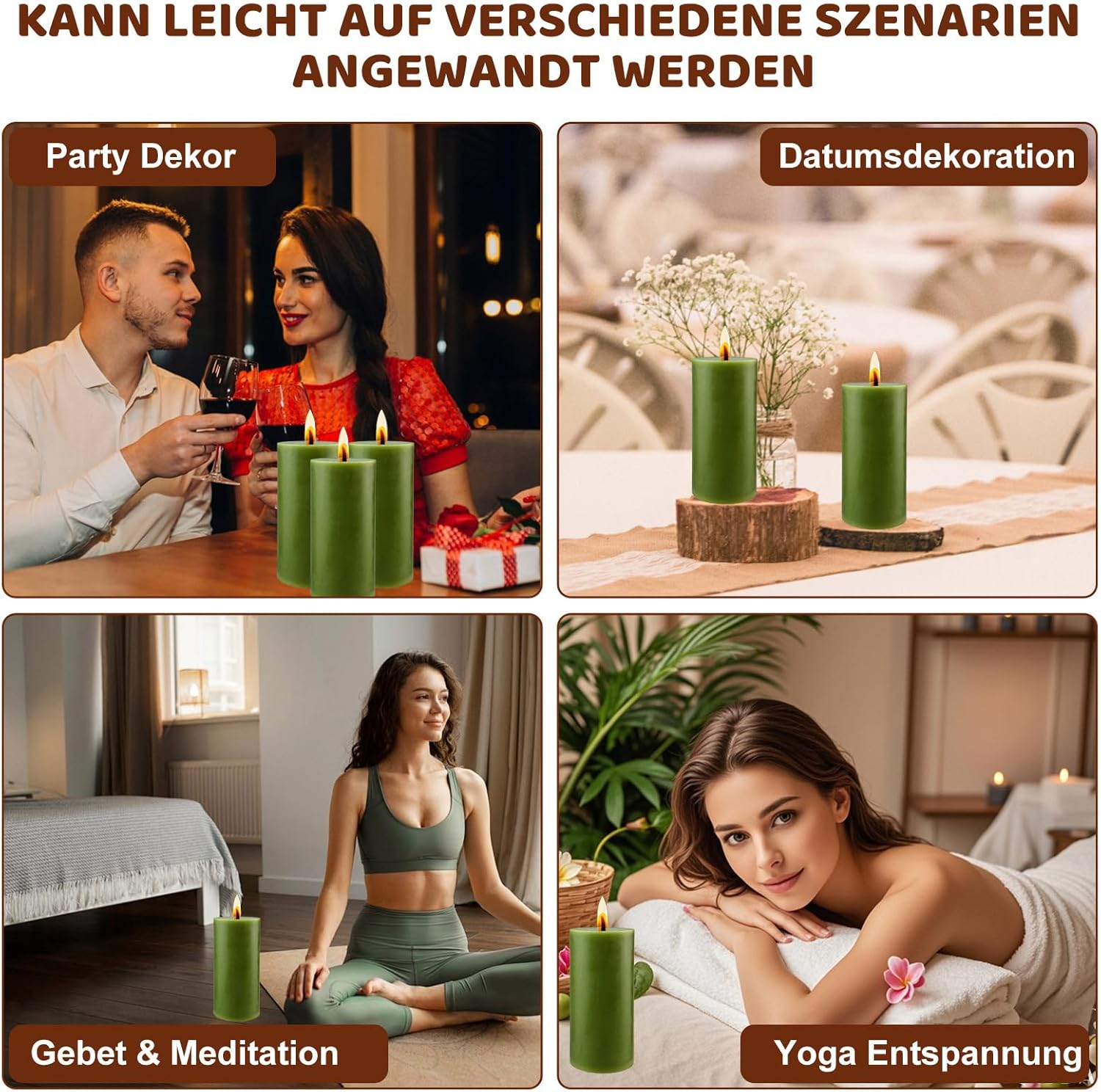 Pack of 4 Pillar Candles, Green Height 10 Cm, Diameter 5 Cm, Long Burning Time, Candle Set, Pillar Candles, Decorative Table Candles, Christmas Candles for Household, Celebrations and Catering