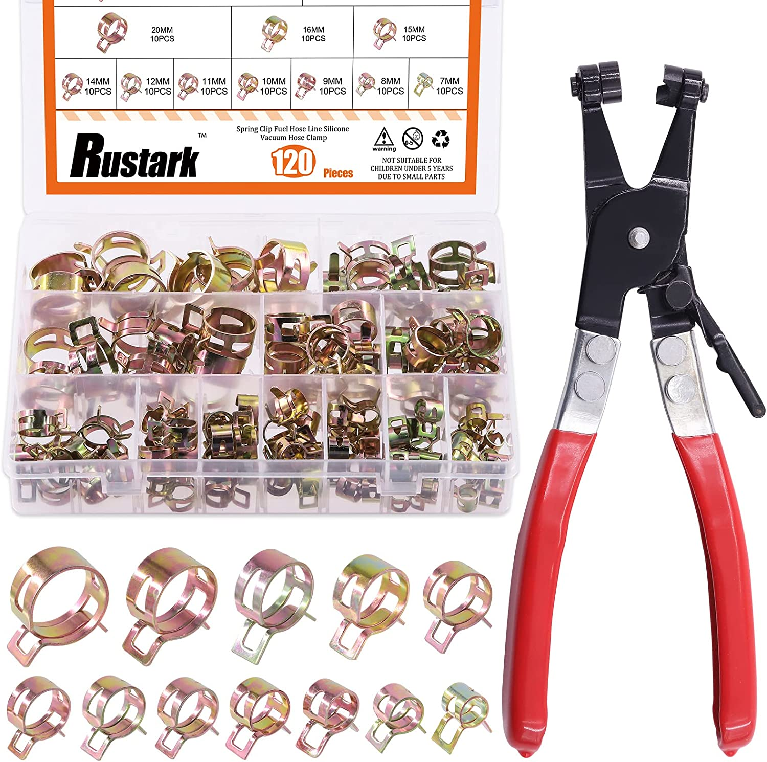 Rustark 121Pcs 12 Different Sizes 7-22Mm Spring Band Hose Clamps with Spring Clamp Pliers Assortment Kit, Fuel Line Silicone Vacuum Hose Pipe Clamp Low Pressure Air Clip Clamps Fasteners
