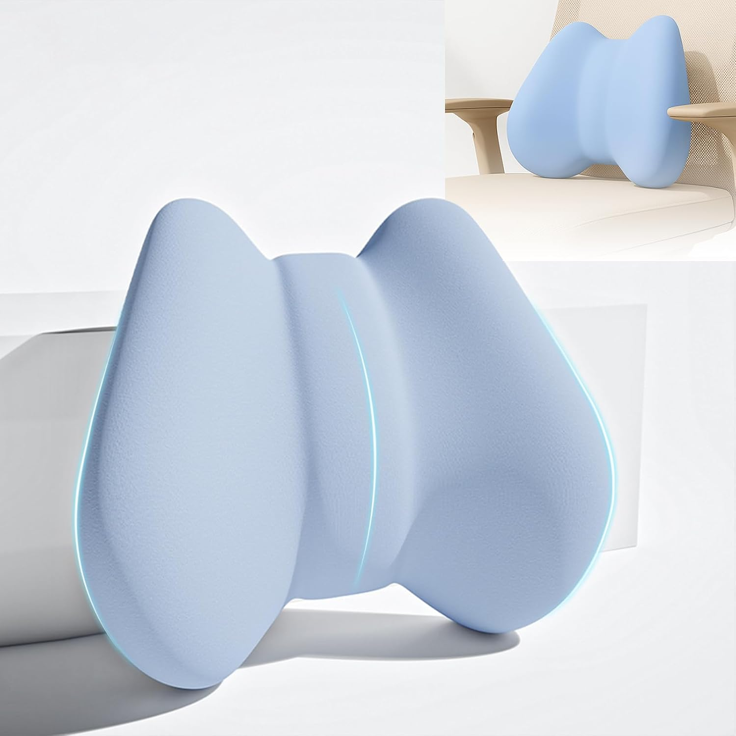 Back Support Pillow for Pain Relief, Lumbar Support Cushion with Adjustable Strap, Soft Memory Foam Lower Back Rest Cushion for Car Seat & Office Chair (Light Blue)