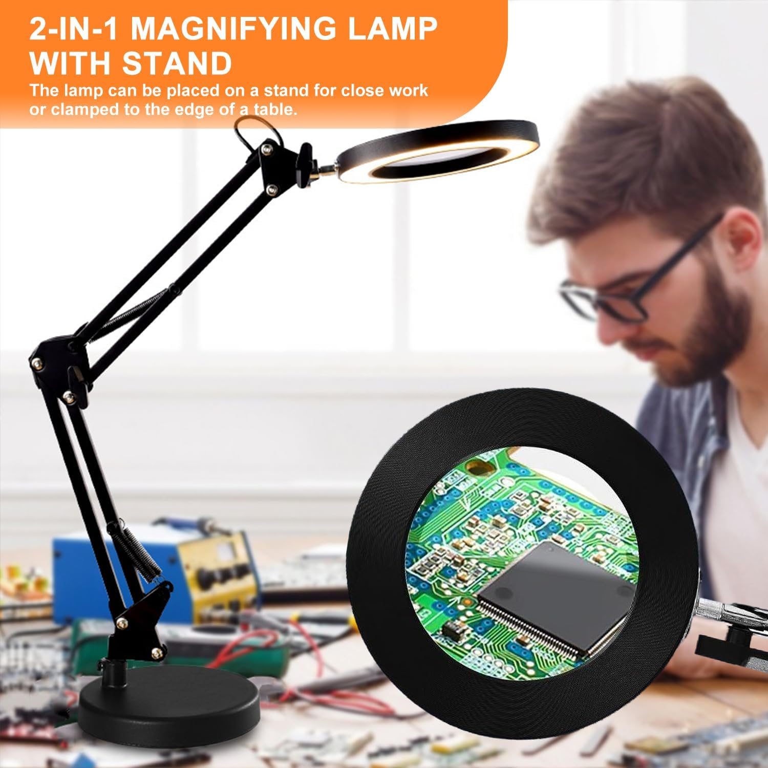 Magnifying Glass with Light and Stand, 10X LED Magnifying Glass, 3 Color Modes 10 Levels Dimming, for Home, Office, Drawing, Tailoring, Soldering image number 2