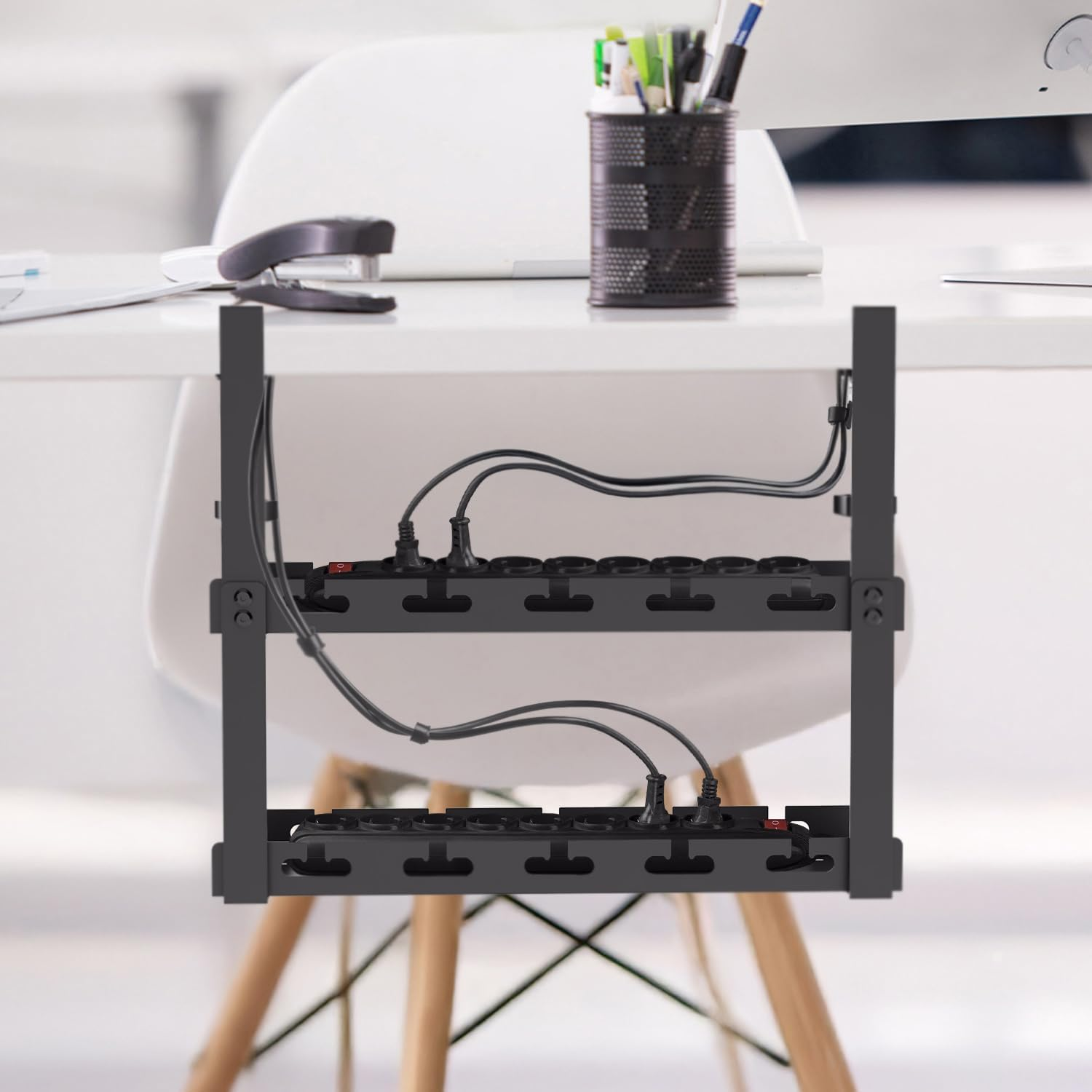 Maclean MC-104 B Under-Table Cable Organiser 40 Cm Two-Stage Metal Shelf with Clamp, Cable Grommets, Fasteners for Power Strip, Router, Cable Management Office Gaming Black image number 3