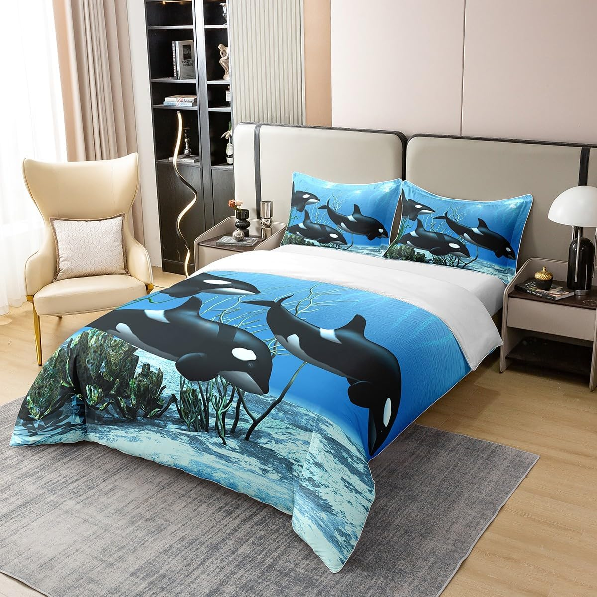 Pure Cotton Killer Whale Bed Linen Sets Orcinus Orcas Comfort Cover the Underwater World Jellyfish Duvet Cover Set for Children Girls Deep Sea Animals Sea Life Quilt Cover Children'S Room Decor 135 X image number 4