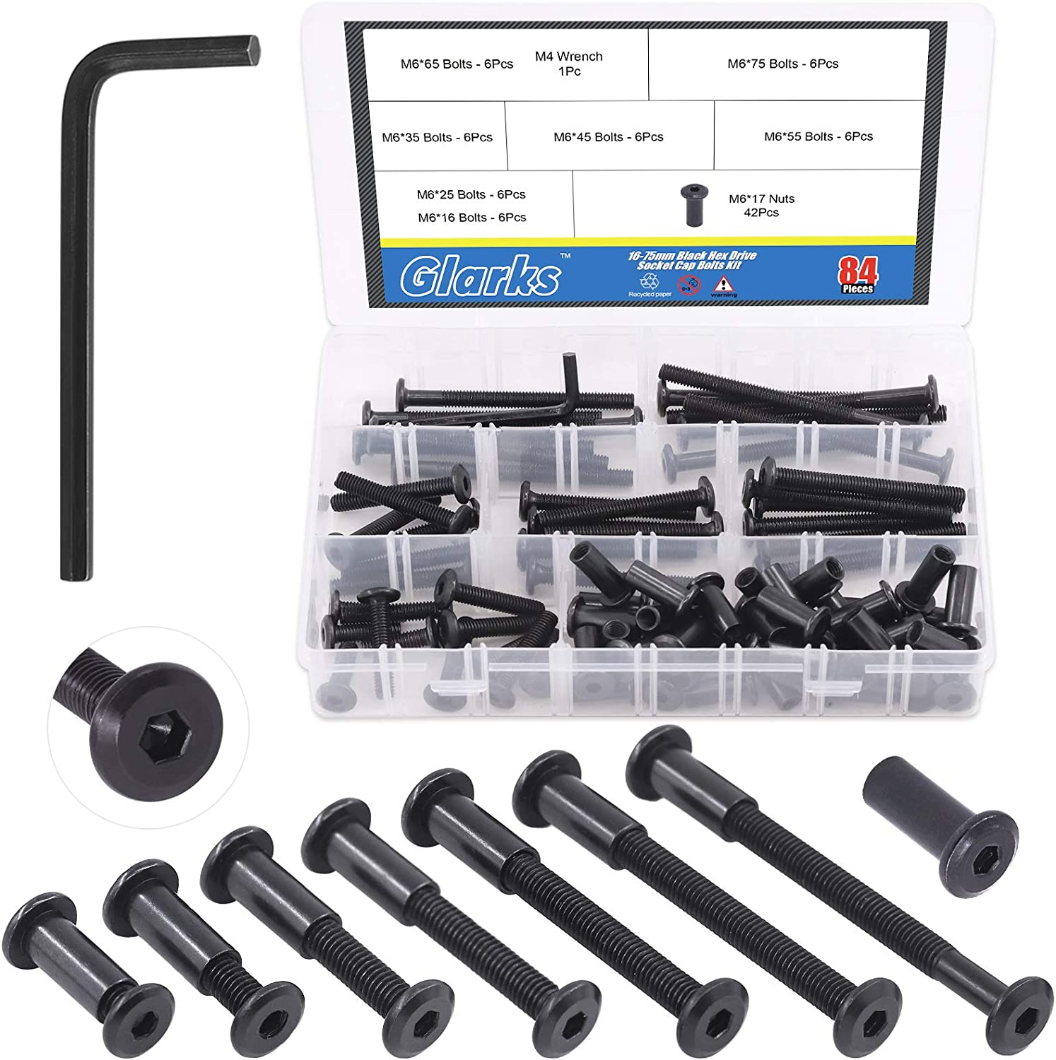 Glarks 85Pcs M6X16/ 25/35/ 45/55/ 65/ 75Mm Black Hex Drive Socket Cap Bolts Kit, Allen Head Countsunk Furniture Crib Bolts Nuts Screws for Chair Table Cabinets image number 1