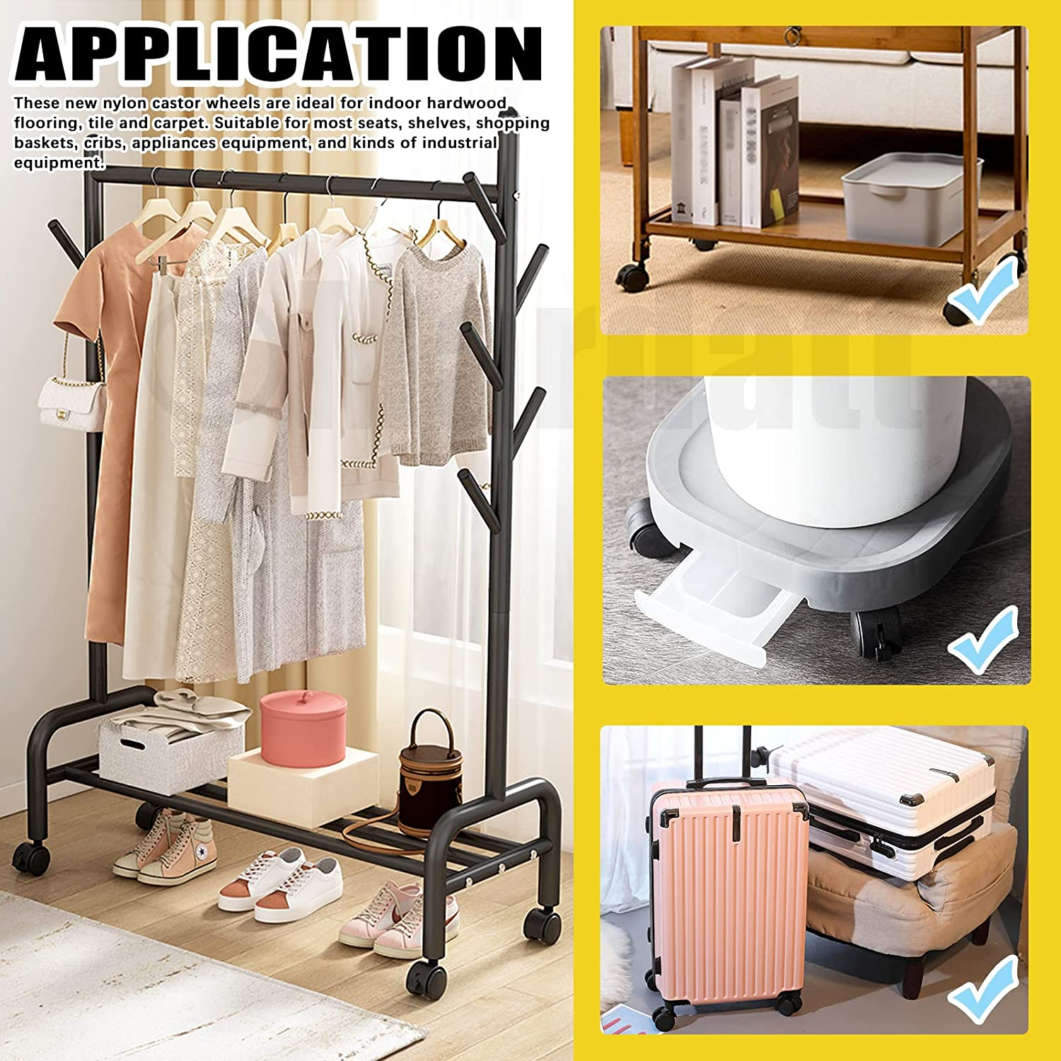 Mardatt 4Pcs 1 Inch Nylon Swivel Caster Wheel with Brake, M8 X 13Mm Threaded Stem Casters Heavy Duty Office Chair Caster Wheels Replacement for Protecting Furniture Wheel Shelf Floor