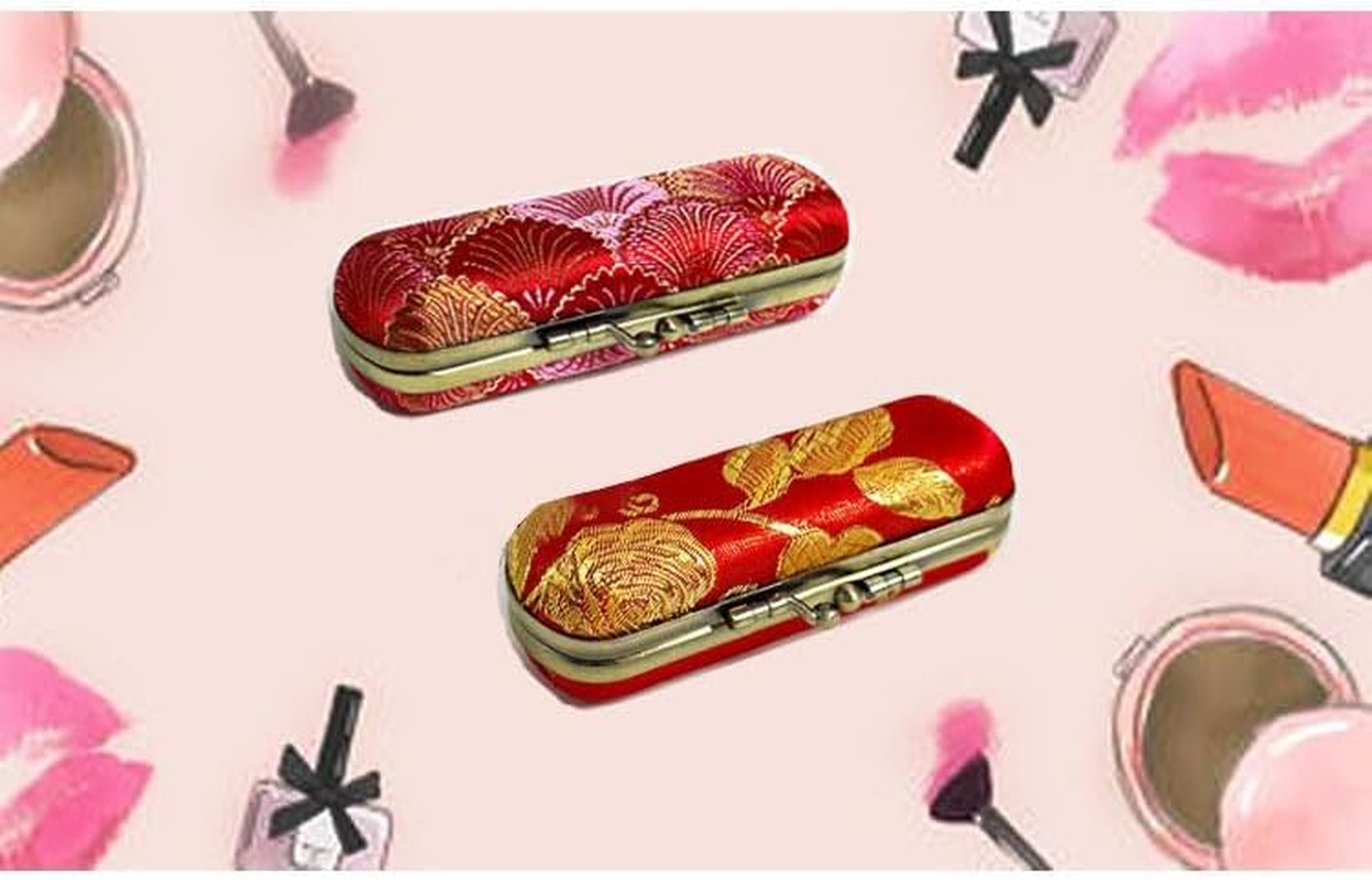 Lipstick Case with Mirror Lipstick Case Storage Case Kiss Lock of Iron Mini Portable Vintage Floral Pattern Jewelry Case Cosmetic Case,Retro Style (Red, 9 * 3.5 * 3.5Cm) image number 3