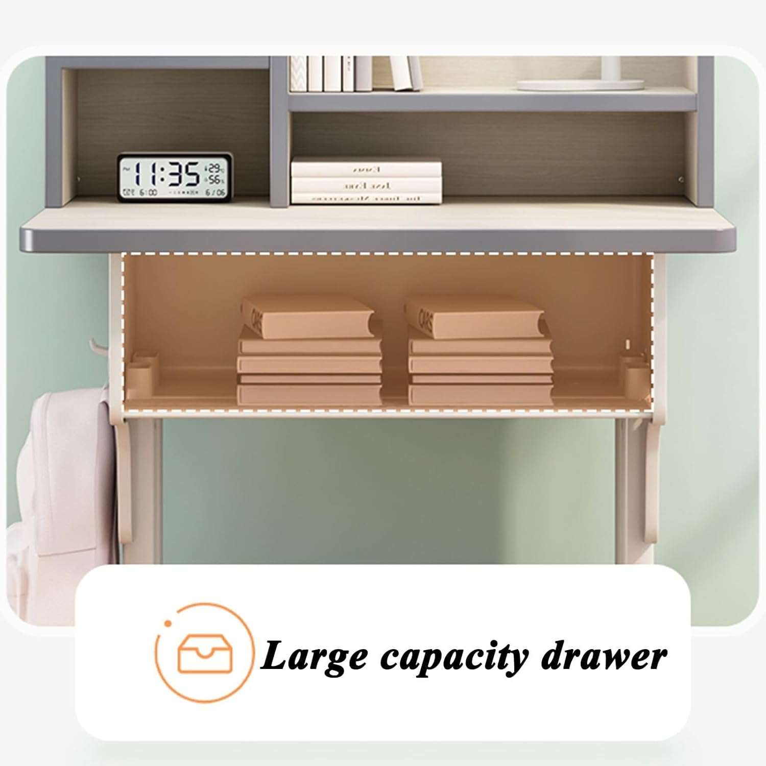 Kids' Study Desk Chair Sets, Adjustable Height, Ergonomic Design, with Large Storage Drawer and Bookshelf, Grey, for Bedroom image number 4