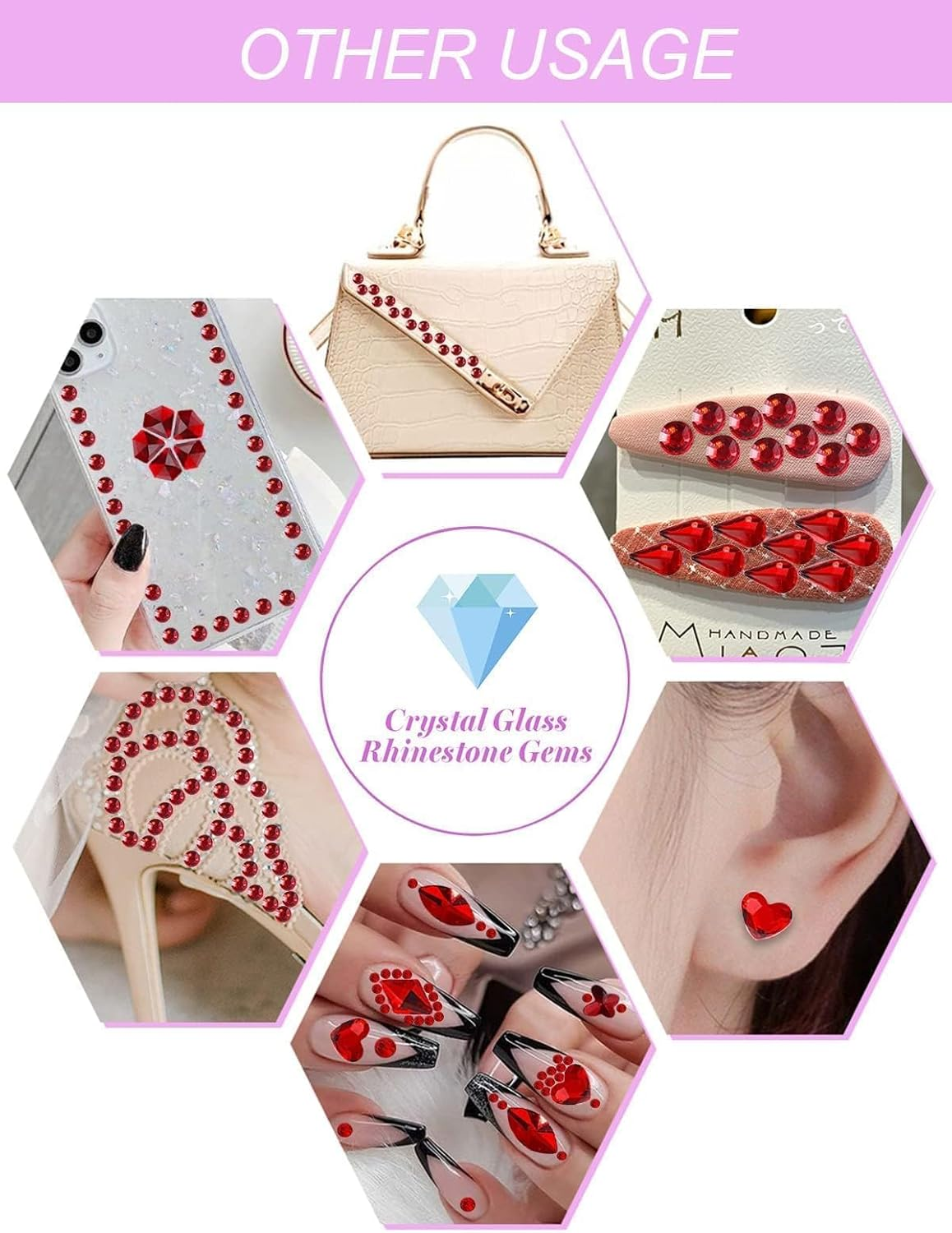 EBANKU Christmas Red Nail Rhinestones Hearts Butterfly round Shaped Nail Art Crystals Diamonds Flat Back Rhinestones 3D Diamond Stone Nail Gems with Tweezers for Halloween Christmas Valentine'S Day - Ab image number 2