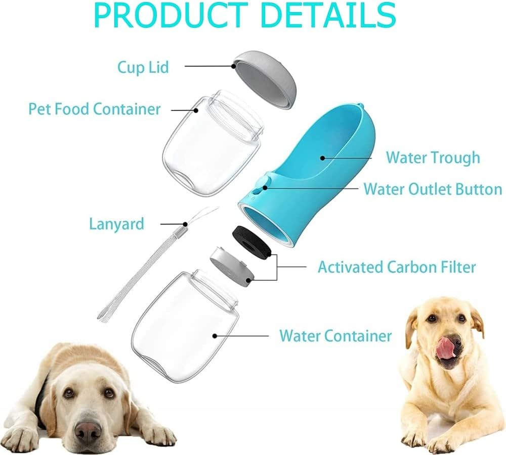Dog Water Bottle, Large Capacity Dog Water Bottle with Food Container,Outdoor Portable Water Dispenser for Dogs,Puppy,Cats for Walking,Hiking,Travel (19Oz Blue) image number 3