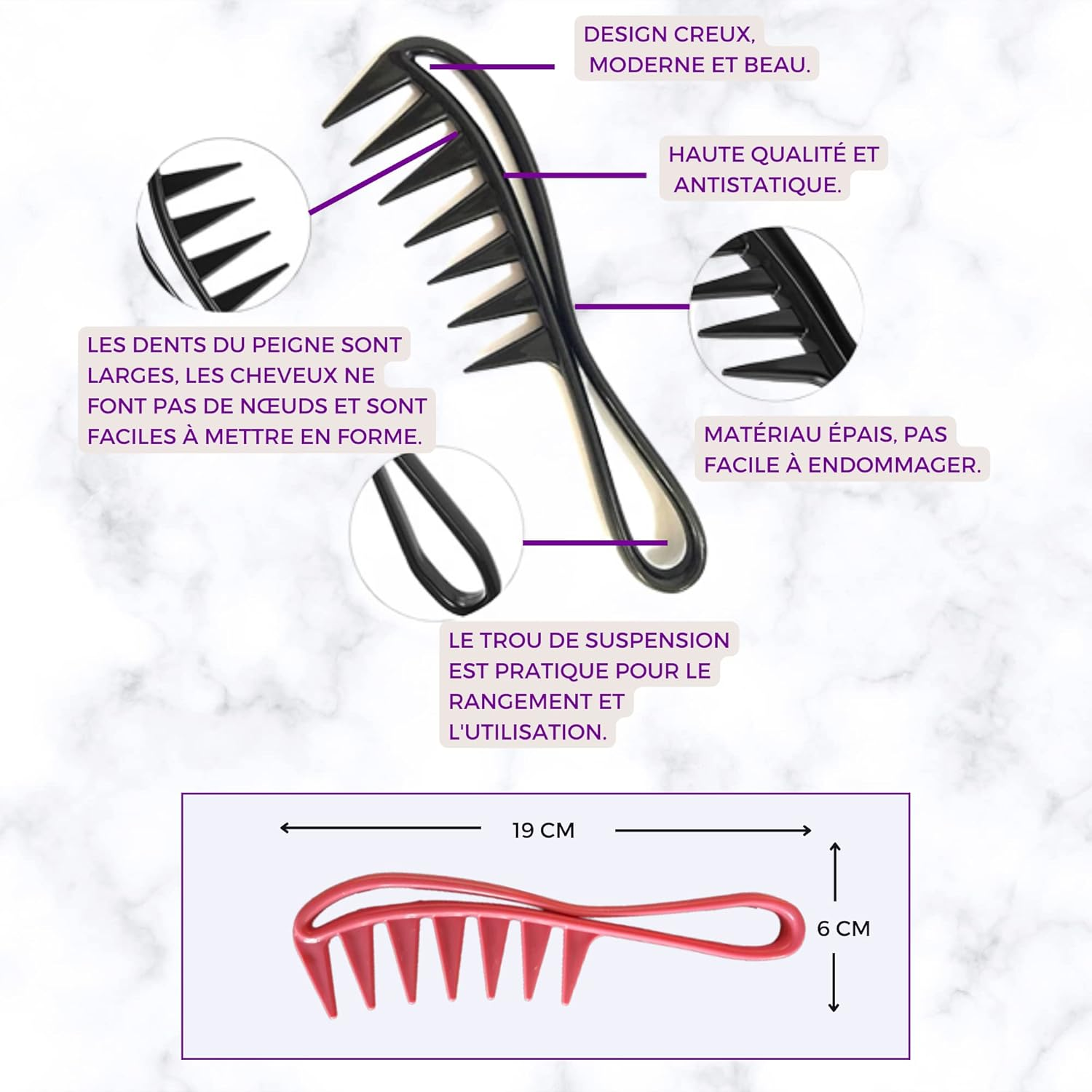 Wide Tooth Hair Comb for Detangling Curly, Smooth, Curly, Afro, Beard Antistatic, Heat Resistant Professional Hairstyling, Brush for Men, Women or Children (Pink)