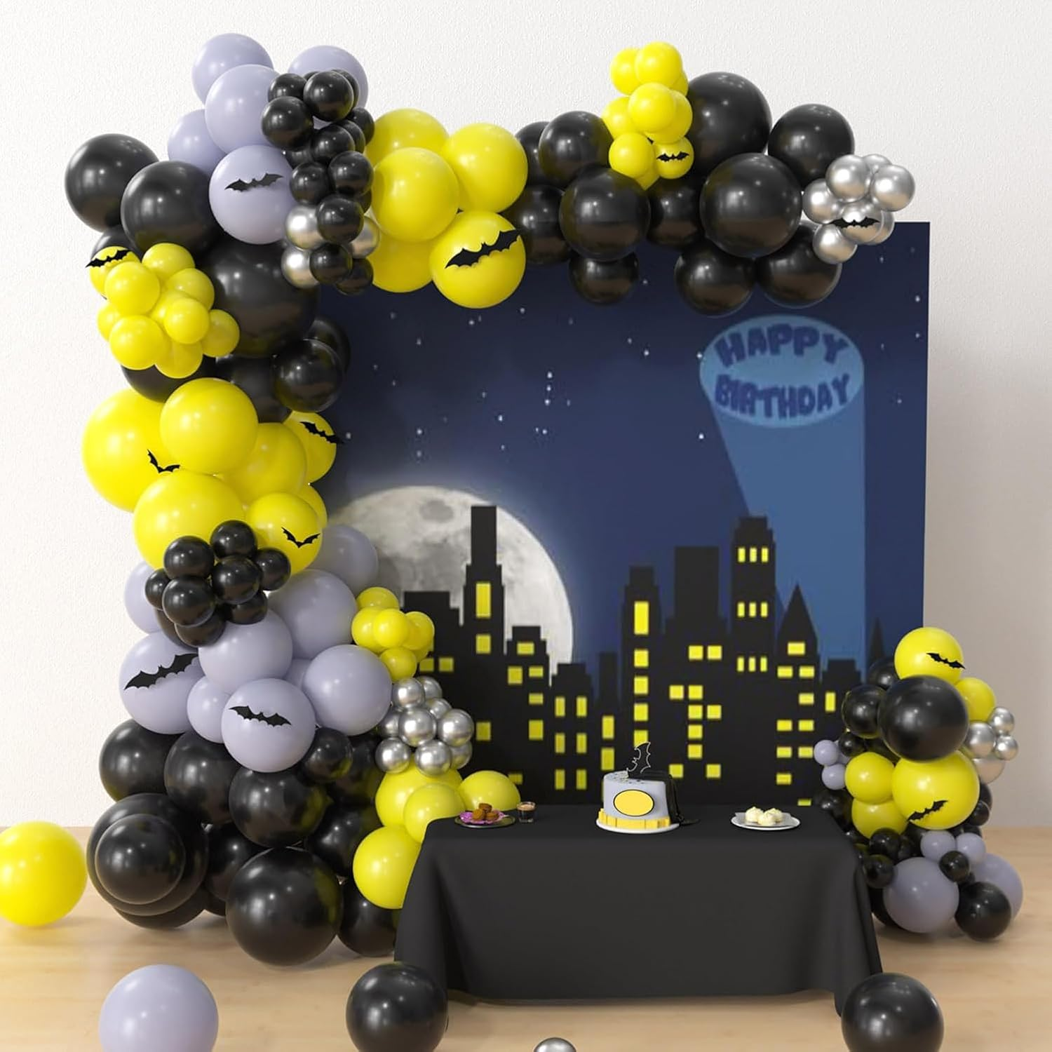 WODJR 124Pcs Bat Balloon Garland Bat Party Decorations Black Yellow Balloon Garland Black Yellow Grey Silver Balloons Black Yellow Silver Grey Latex Balloons for Bat Party Supplies Hero Birthday Decor image number 2