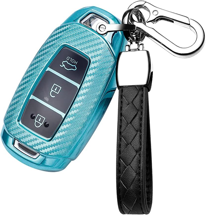 HIBEYO TPU Carbon Fiber Texture Car Key Fob Cover with Keychain Fits for Hyundai Solaris I20 Ix25 Creta Car Key Case Cover