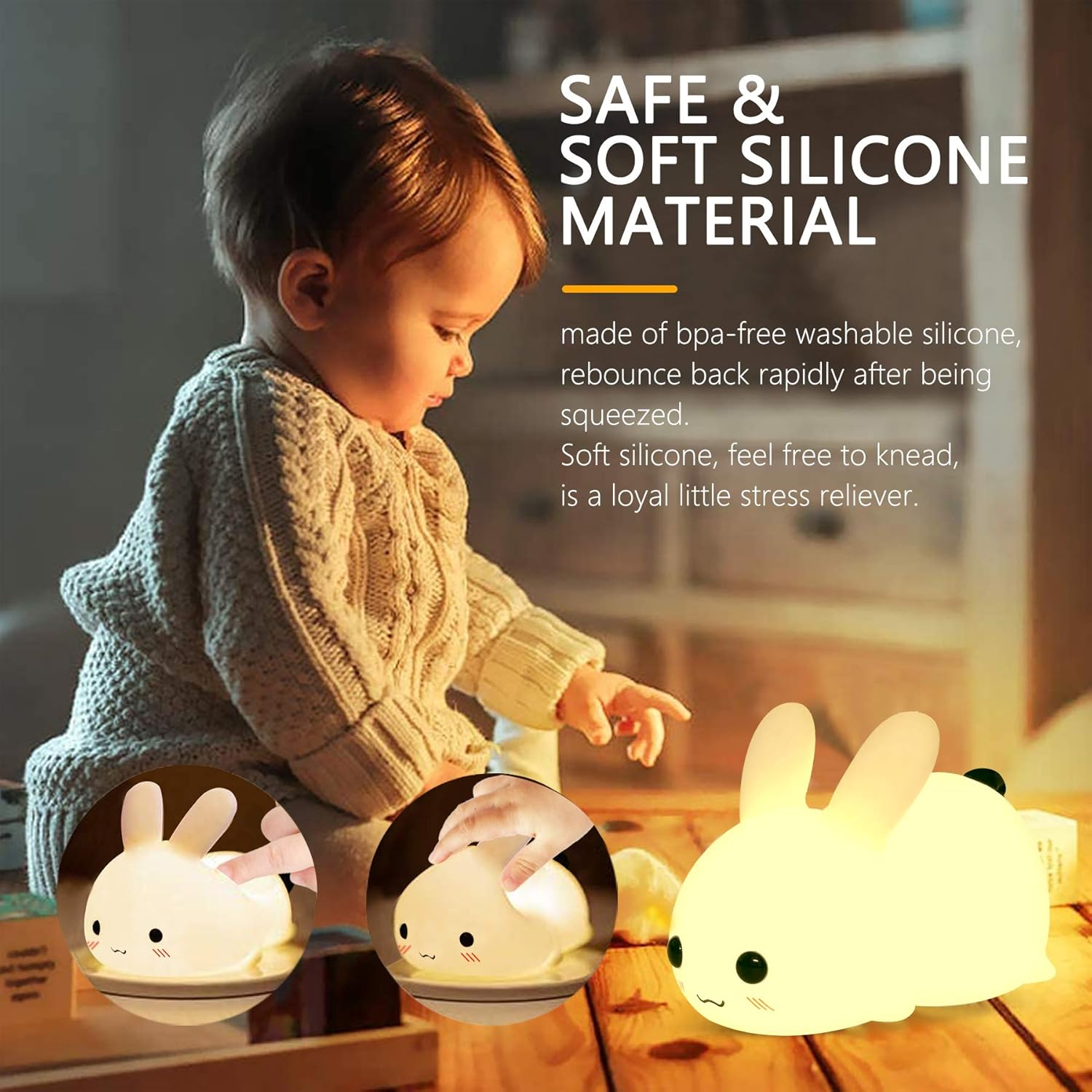 Silicone Night Light - Cute Bunny Lights for Kids Bedroom Baby Nursery, Girls or Boys -Portable USB Rechargeable Soft LED Lamp with Sensitive Touch Control - Snow White Bunny Lamp image number 5
