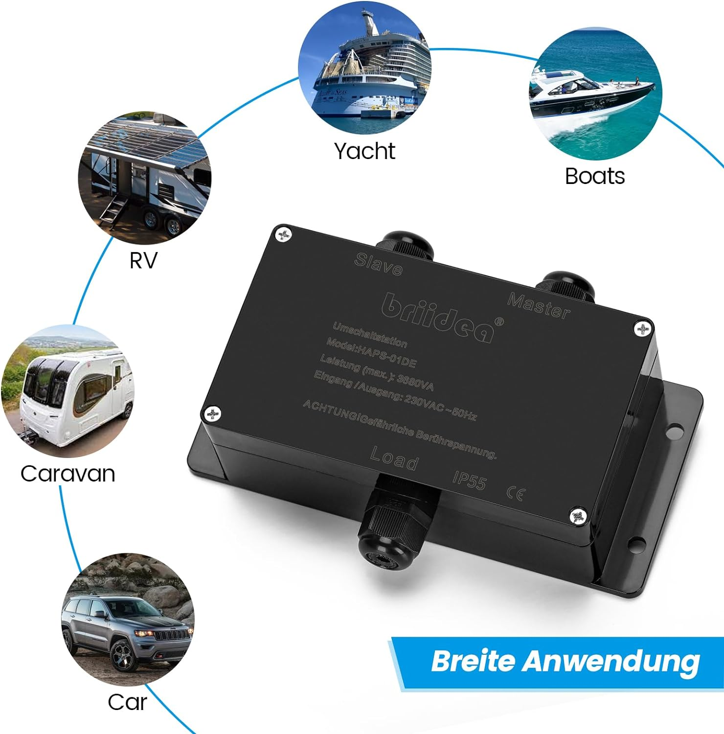 HAPS-01DE-B Switching Station for Mains Priority Switching Briidea Mains Priority Switch Motorhome 16 a 230 V, Switching Station 16 a for Camping Shore Power Inverter, Car, Boat, Outdoor, Solar, Black - Black image number 4