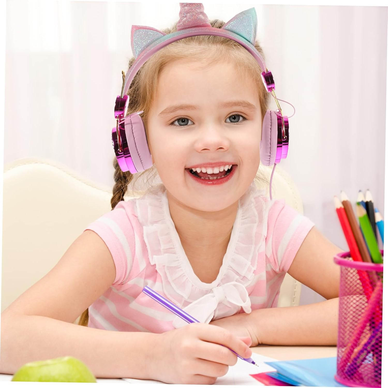 Operitacx over Ear Headphones with Mic for Laptop Phone Durable Cable Soft Comfortable Earmuffs Unicorn Rhinestone Design Wired Headset for Travel and Study Rose Gold image number 1