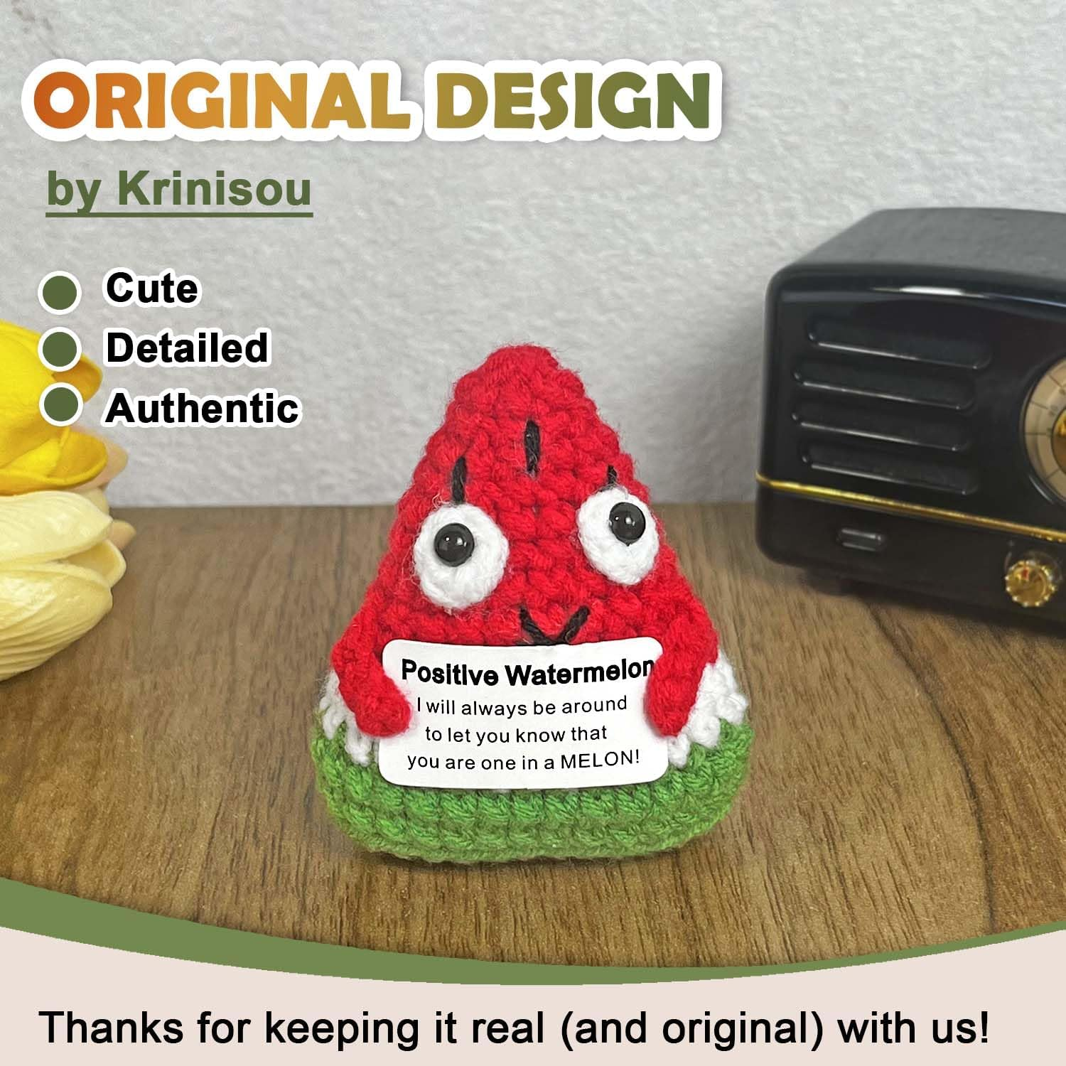 Crochet Watermelon Gift, Positive Crochet Animals, Red, Yarn-Wrapped, Bamboo, Home Decor, Gift-Giving, Emotional Support image number 3
