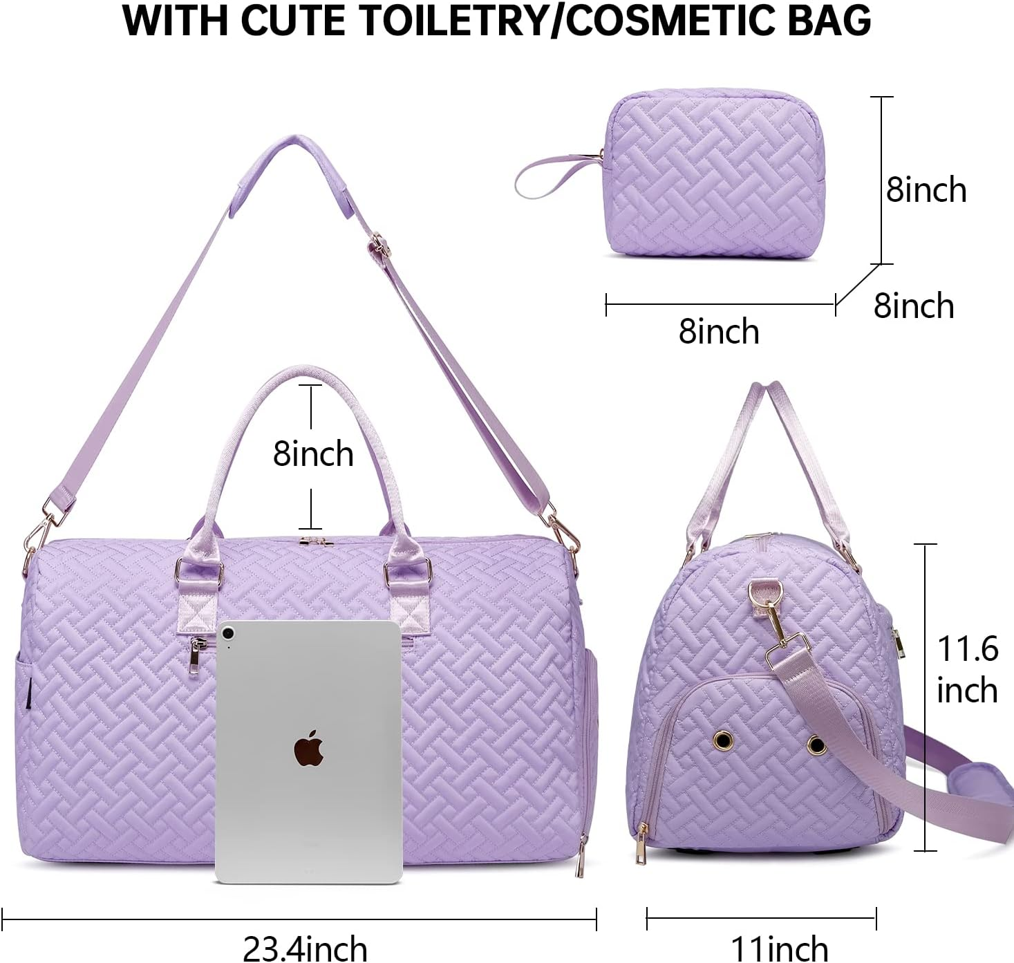 Duffle Bag for Travel, Weekender Bag with Shoe Compartment, Carry on Overnight Bag for Women with Toiletry Bag, 50L Gym Bag with Wet Pocket, Hospital Bags for Labor and Delivery, Lavender Purple, - Beige image number 5