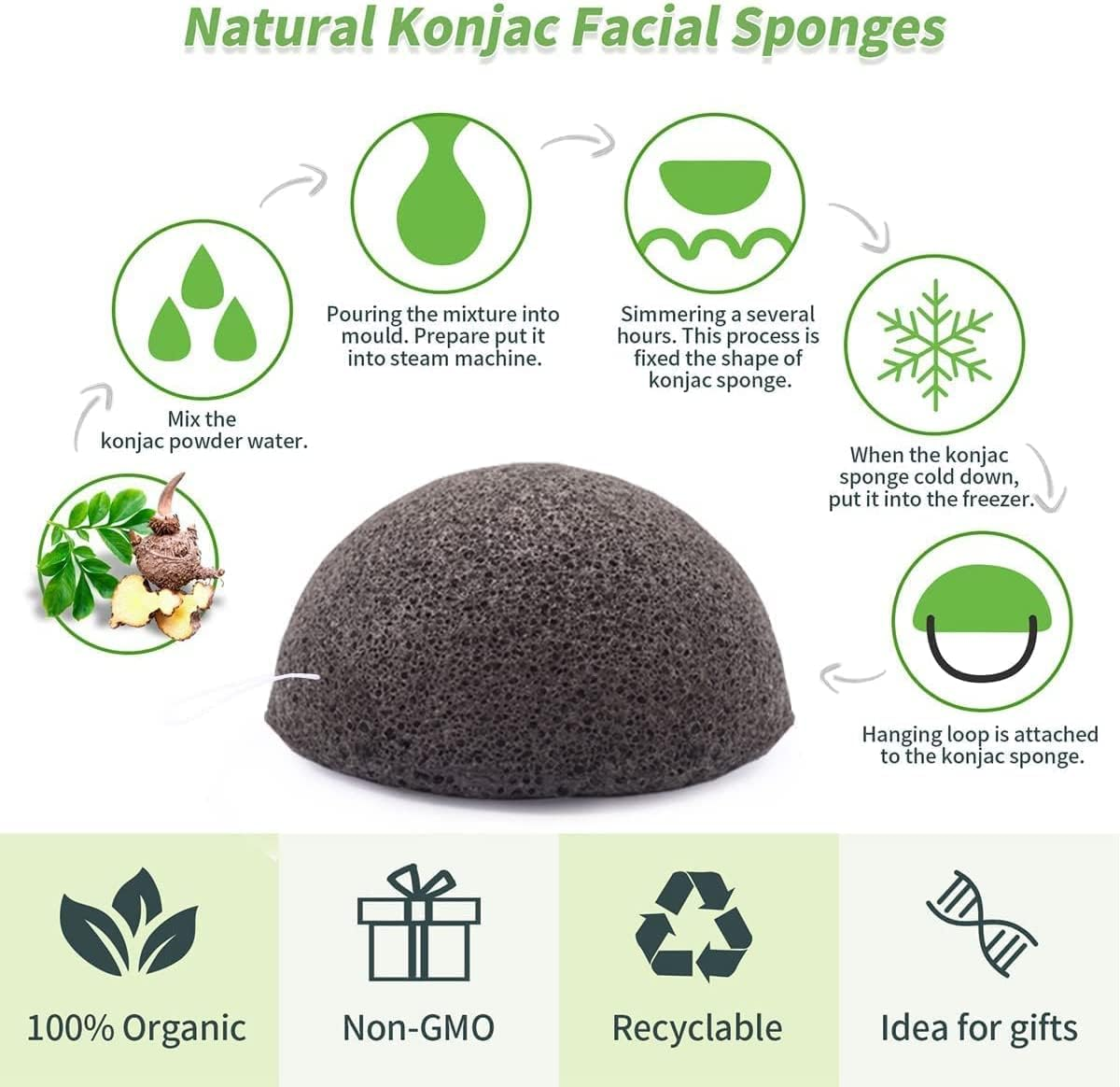 Konjac Face Sponges for Cleansing and Exfoliating, Konjac Facial Sponges for Washing Cleaning Face Body with Activated Charcoal, Natural Konjac Sponge Set for Oily Dry Sensitive Skin Skincare Tool image number 5