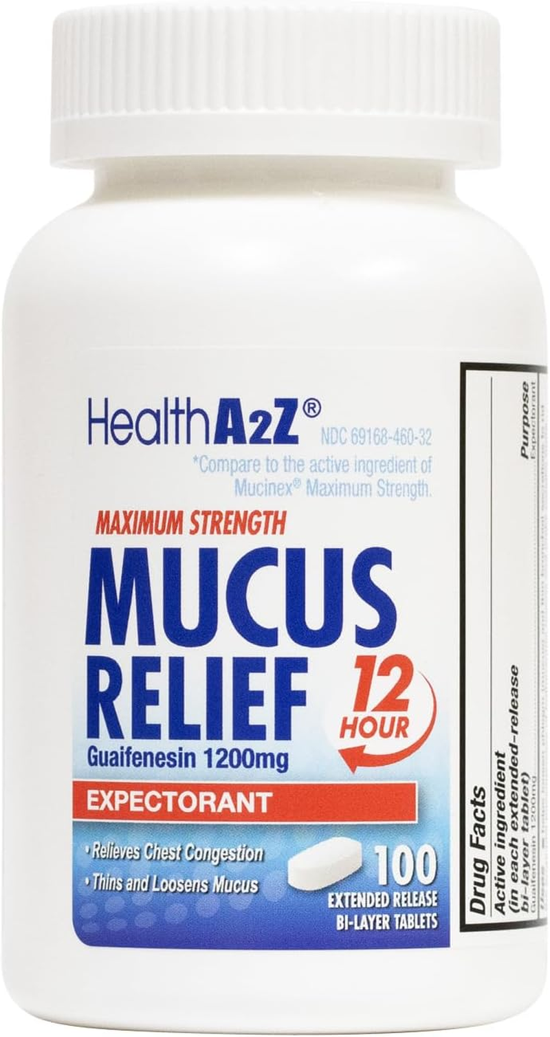 Healtha2Z&reg; Mucus Relief | Guaifenesin 1200 Mg | NO Benzene |100 Tablets | Maximum Strength | 12 Hour | Expectorant | Relieves Chest Congestion | Thins and Loosens Mucus