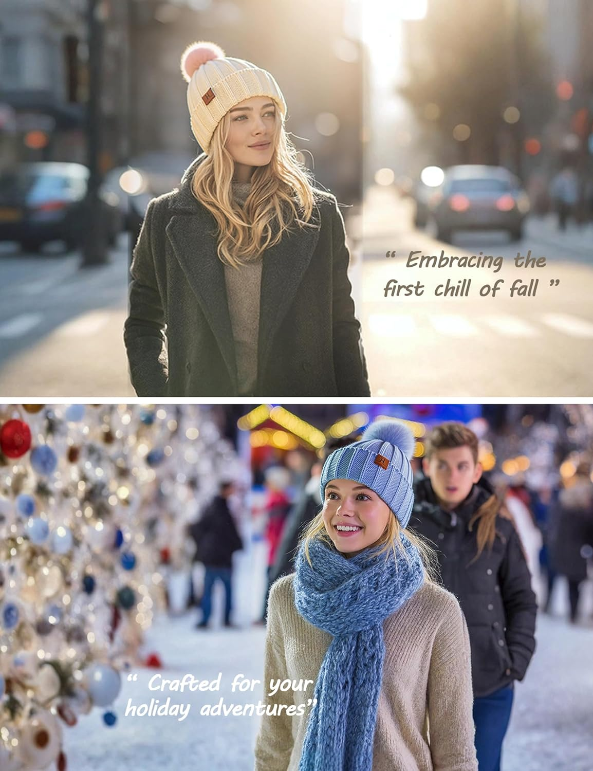 Womens Winter Hat with Pom Pom, Knit Fleece Beanie Hats for Women Cold Weather, Warm Toboggans Cap - Black image number 3