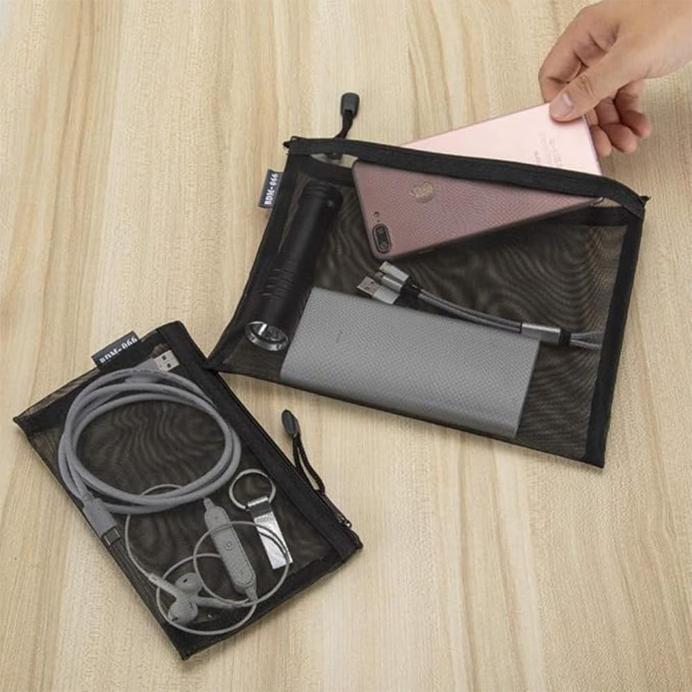 LINKPEACE Nylon Mesh Cosmetic Zipper Bags, 7PCS Black Makeup Pouches Travel Organizer Case for Purse Diaper Bag (A5 X 3Pcs, A6 X 4Pcs) image number 6