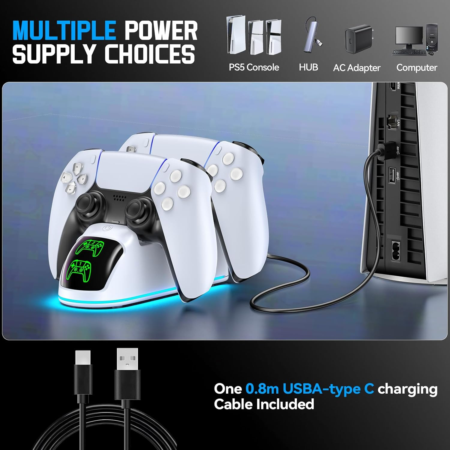 Gersker PS5 Controller Charger, PS5 Charging Station Compatible with Playstation 5 Dual & Edge with RGB Light, Fast PS 5 Charger Dock with Cable for PS 5 Accessories, White スタンド image number 5