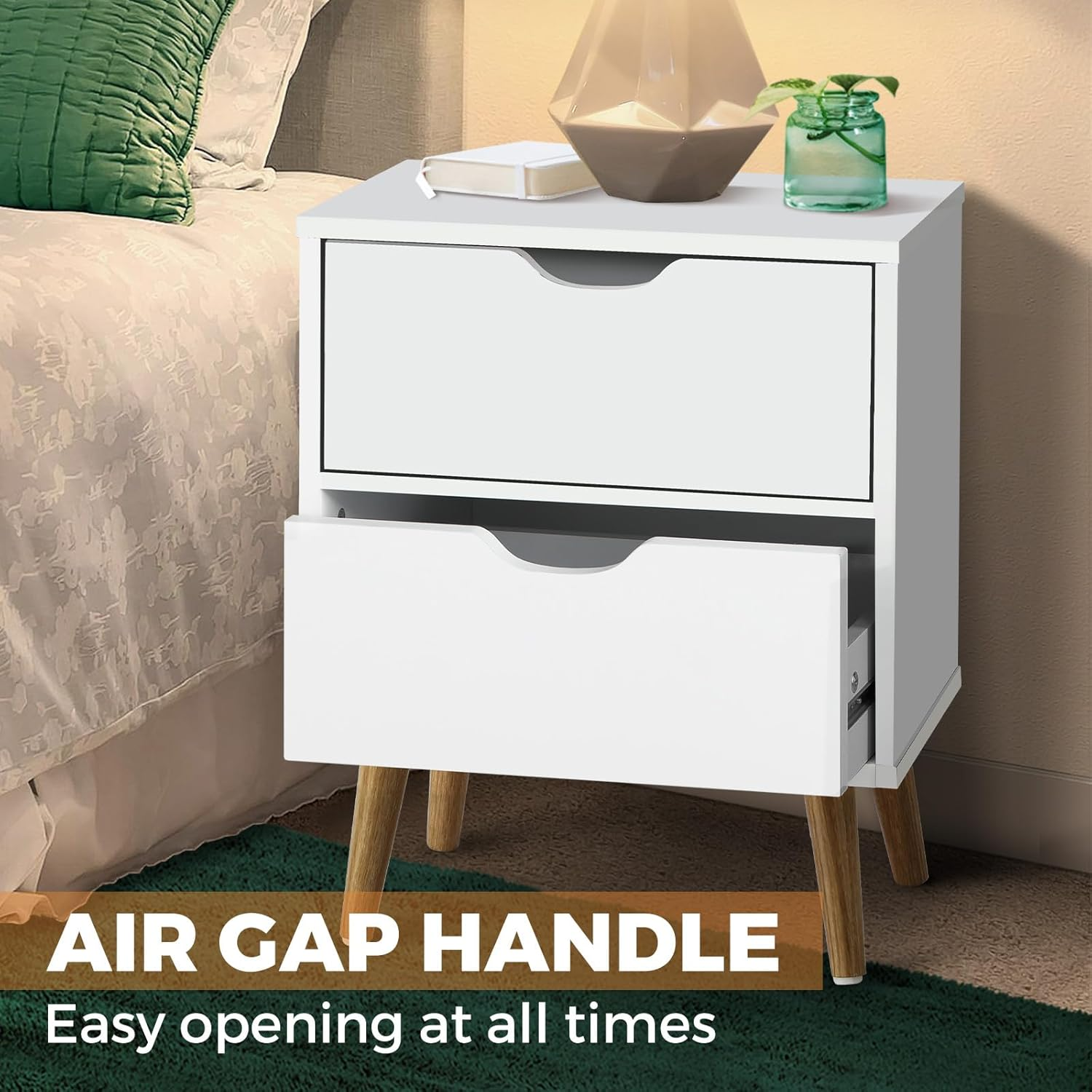 Oikiture Bedside Table with 2 Drawers, Wooden Side Table Nightstand Storage Cabinet White image number 2