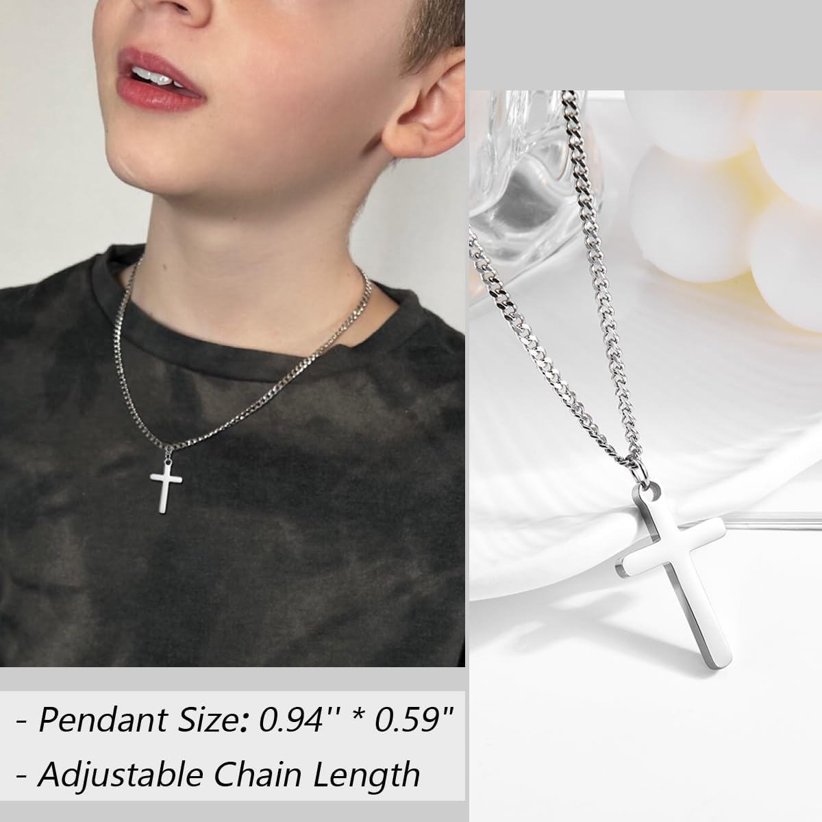Leyung Baptism Confirmation First Holy Communion Christening Gifts for Boys, Stainless Steel Cross Necklace Gifts for Teen Boys Son Grandson Nephew Godson image number 3