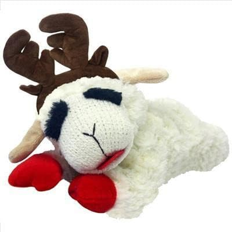 MULTIPET Holiday Lamb Chop with Reindeer Antlers Plush Dog Toy (10.5" Laying Lamb) image number 1
