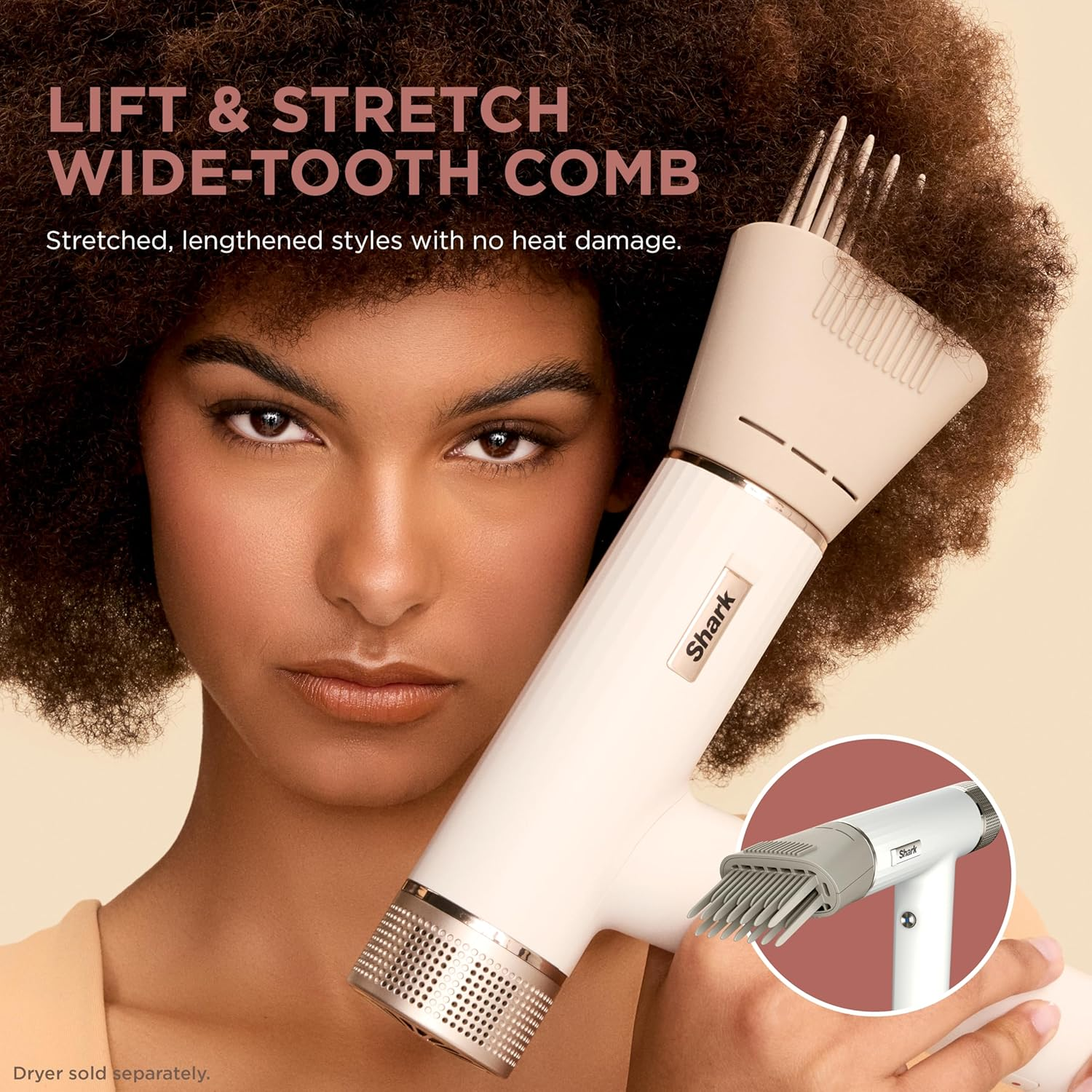 Shark XSKHD3WTCA Speedstyle Lift & Stretch Wide-Tooth Comb, Blow Dryer Comb Attachment for Shark Speedstyle, Styling Tool, for Curly & Coily Hair, Stone image number 2