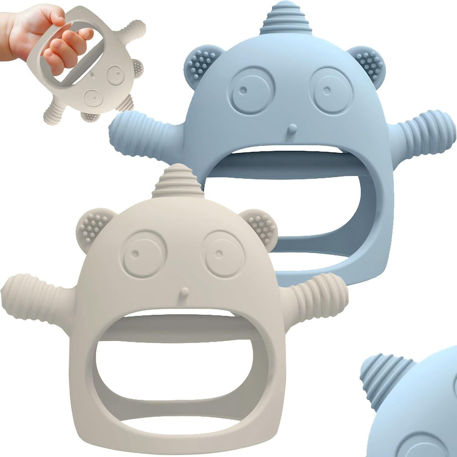 2 Pack Baby Teething Toy for 6-24 Months, Food Grade Silicone Unicorn Teething Mitten, BPA Free, Baby Chew Toys for Sucking Needs, Soothing Teething Pain Relief (Unicorn Beige & Gray Blue) image number 1