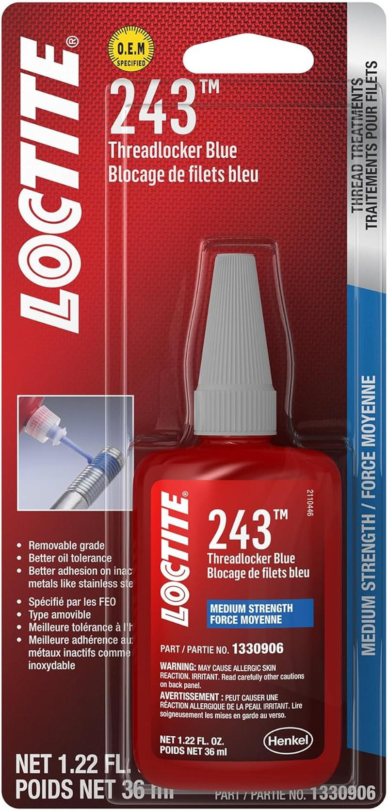 Loctite 1330906 243 Medium Strength Surface Insensitive Threadlocker, 36-Milliliter Tube image number 1