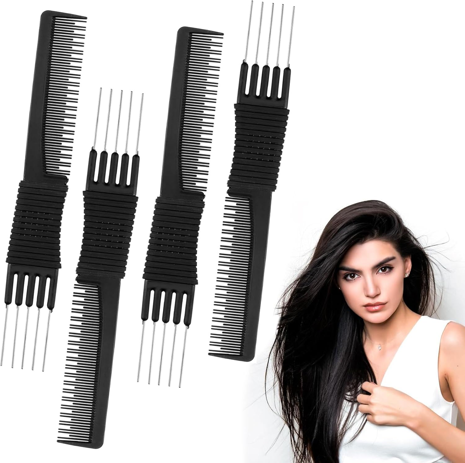Kzvsiy 4-Pack Black Carbon Teasing Combs with Metal Prongs, Salon-Grade Lift and Back Combs for Styling, Volume, and Precision, Durable Carbon Combs with Stainless Steel Lifts image number 2