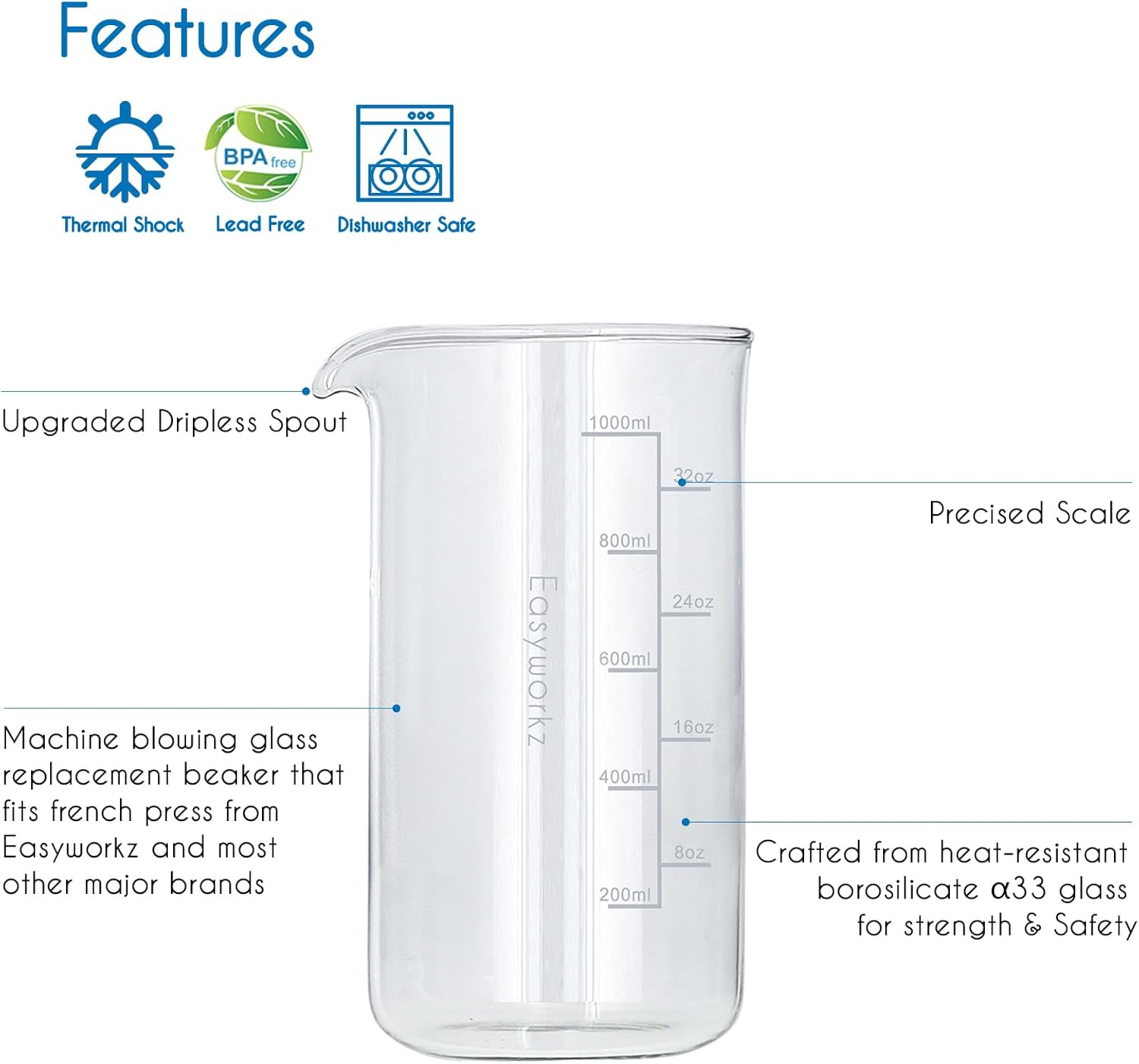 Easyworkz Borosilicate Glass Replacement Beaker for 1000Ml French Press Coffee Maker image number 5