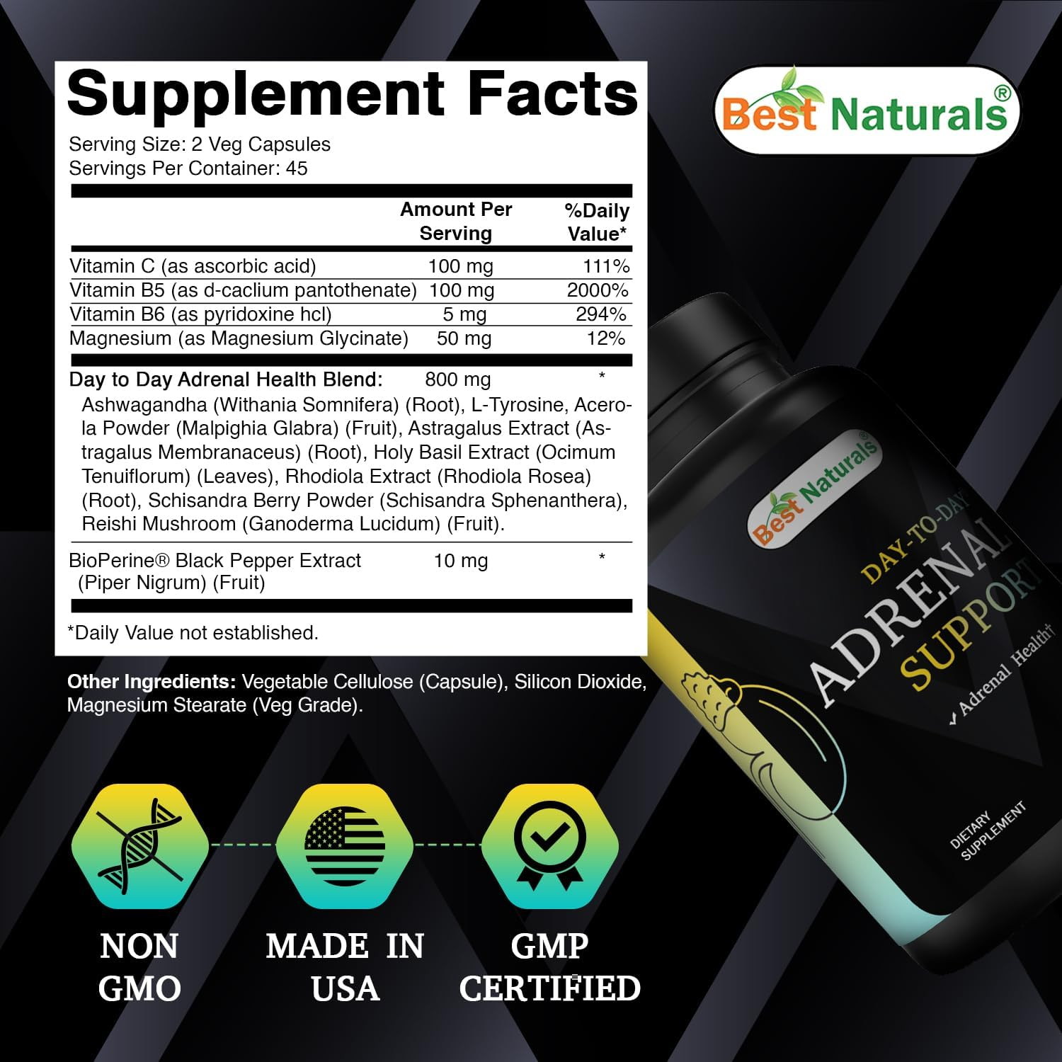 Best Naturals Day-To-Day Adrenal Support Supplements - 90 Veg Capsules - Made with Ashwagandha, L-Tyrosine, Magnesium, Rhodiola & Holy Basil & Bioperine image number 2