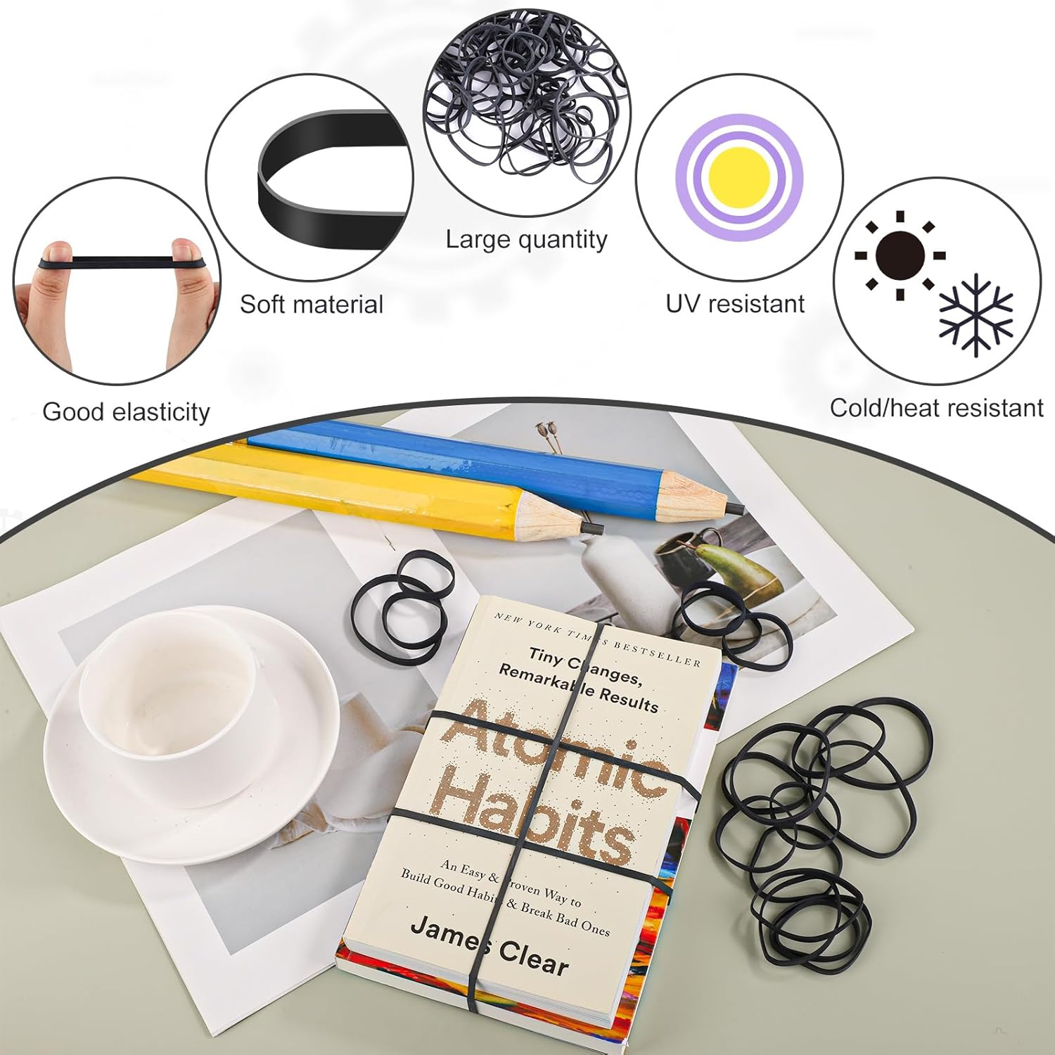 100Pcs Black Elastic Bands, 5 Sizes Thick and Durable Elastic Assorted Wide Elastic Band for Litter Folder Home School Office Supplies (8.5/6.5/5.5/3.5/2Cm) image number 1