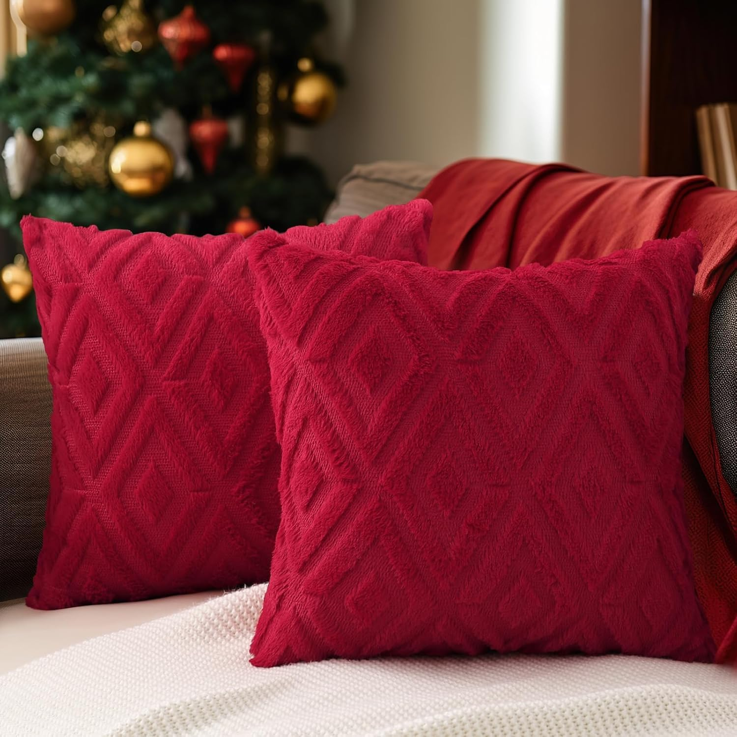 2Pcs Soft Faux Fur Throw Pillow Covers 18X18 - Plush Short Wool Velvet Decorative Pillow Covers - Couch Sofa Pillow Covers for Living Room - with 3D Diamond Pattern (Red) image number 4