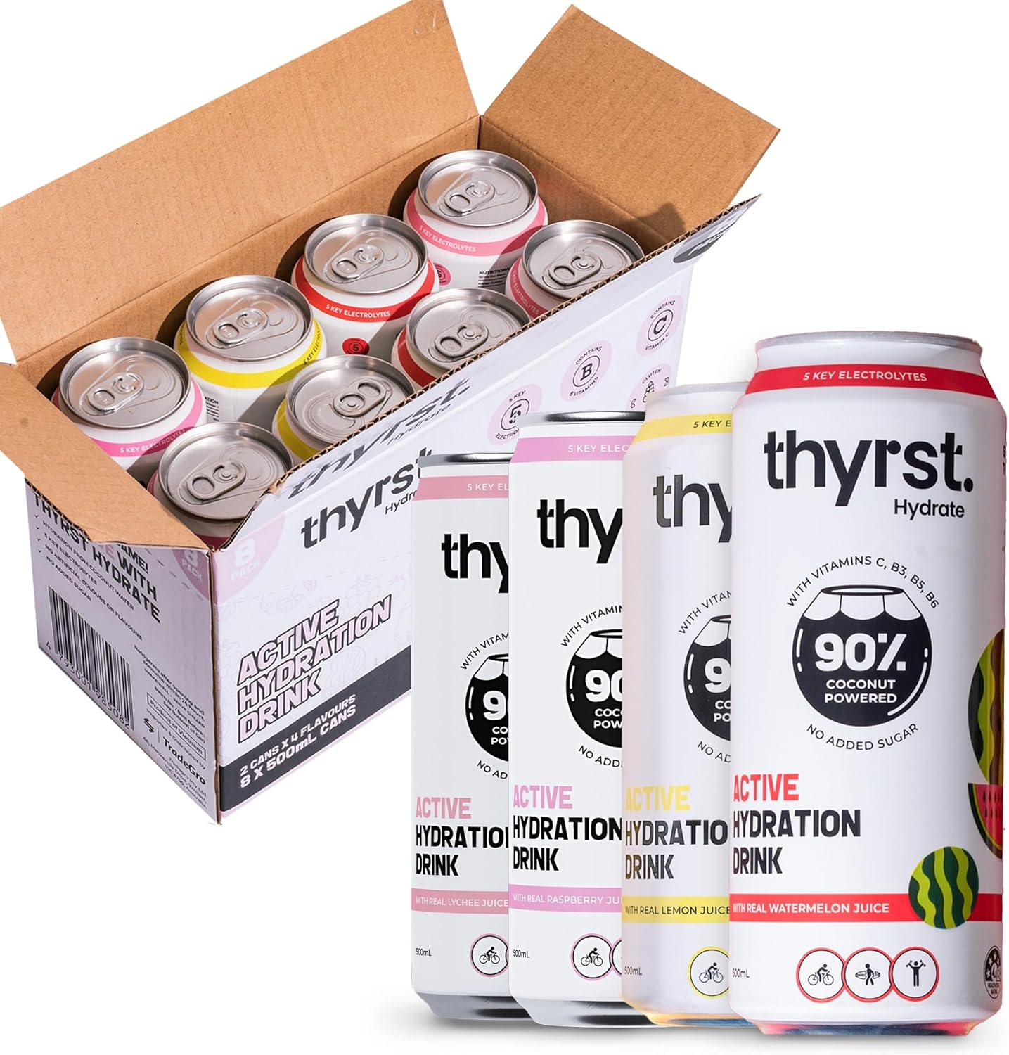 Thyrst Active Hydration Drink &ndash; Thyrst Hydrate Assorted 500Ml X 8 | 90% Coconut Water + 9.7% Real Fruit Juice | Contains Electrolytes + Vitamins C, B3, B5, B6 | Natural Hydration Beverage image number 1