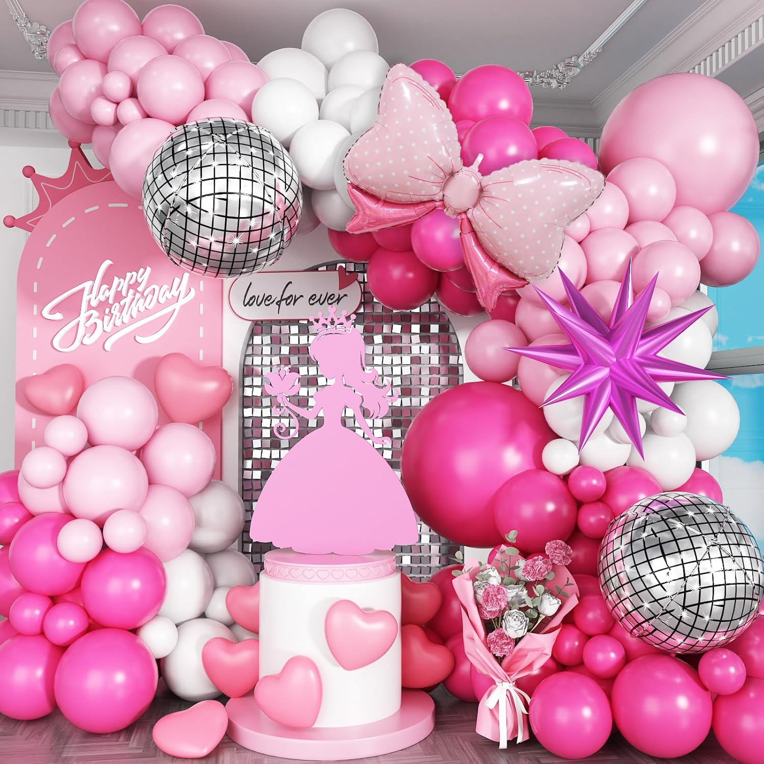 Black and White Balloon Arch Kit Bow Pearl White Black Latex Balloons Garland with Pink Bow Balloons for Girls Women Coquette Bachelorette Baby Bridal Shower Birthday Wedding Party Decorations