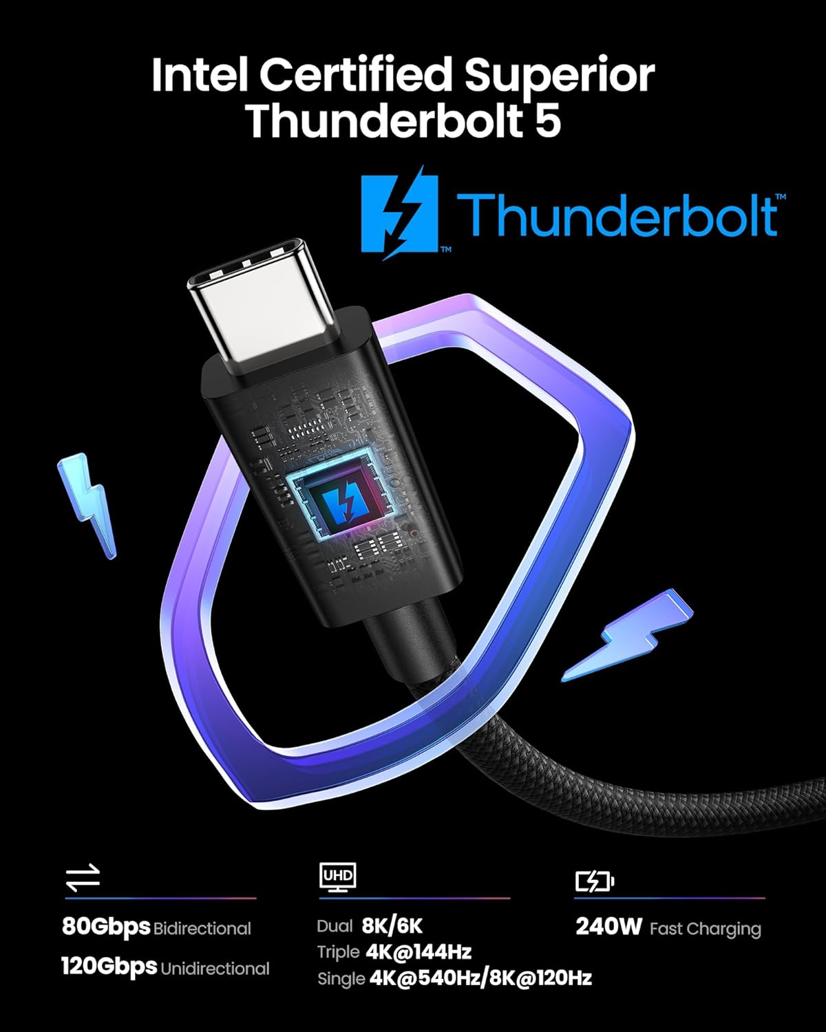 Silkland [Intel Certified] 80Gbps Thunderbolt 5 Cable Prime Braided, up to 120Gbps Bandwidth for Dual 8K/6K, 240W, Compatible for Thunderbolt 4/3, USB4, SSD, Macbook M4 Pro, Dock, Egpu, 3.3FT/1M image number 6
