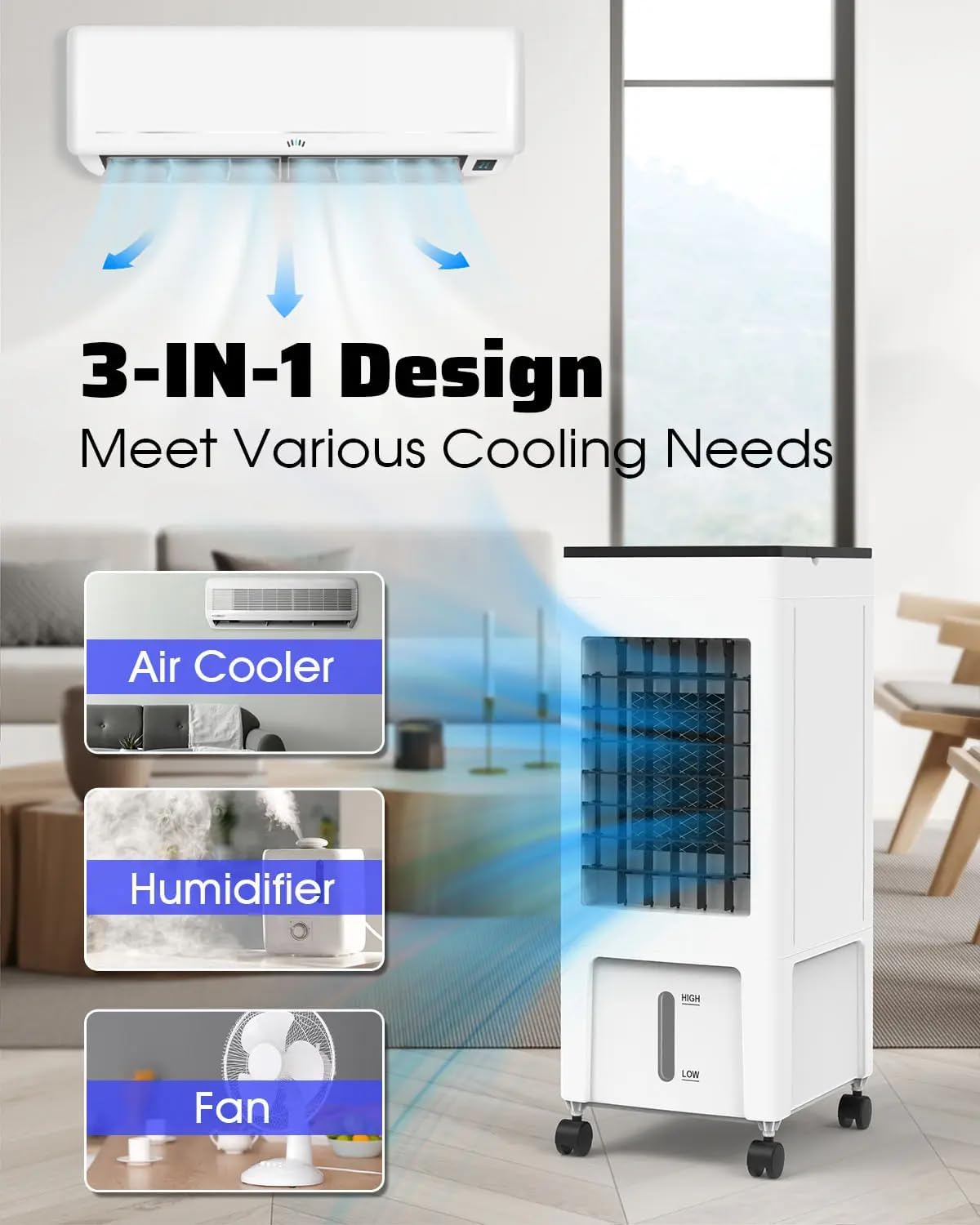 YOPOWER Evaporative Air Cooler, 3 in 1 Air Cooling Fan with 8L Water Tank, 4 Ice Packs, 3 Speeds, 12H Timer for Rooms Home Bedroom Office