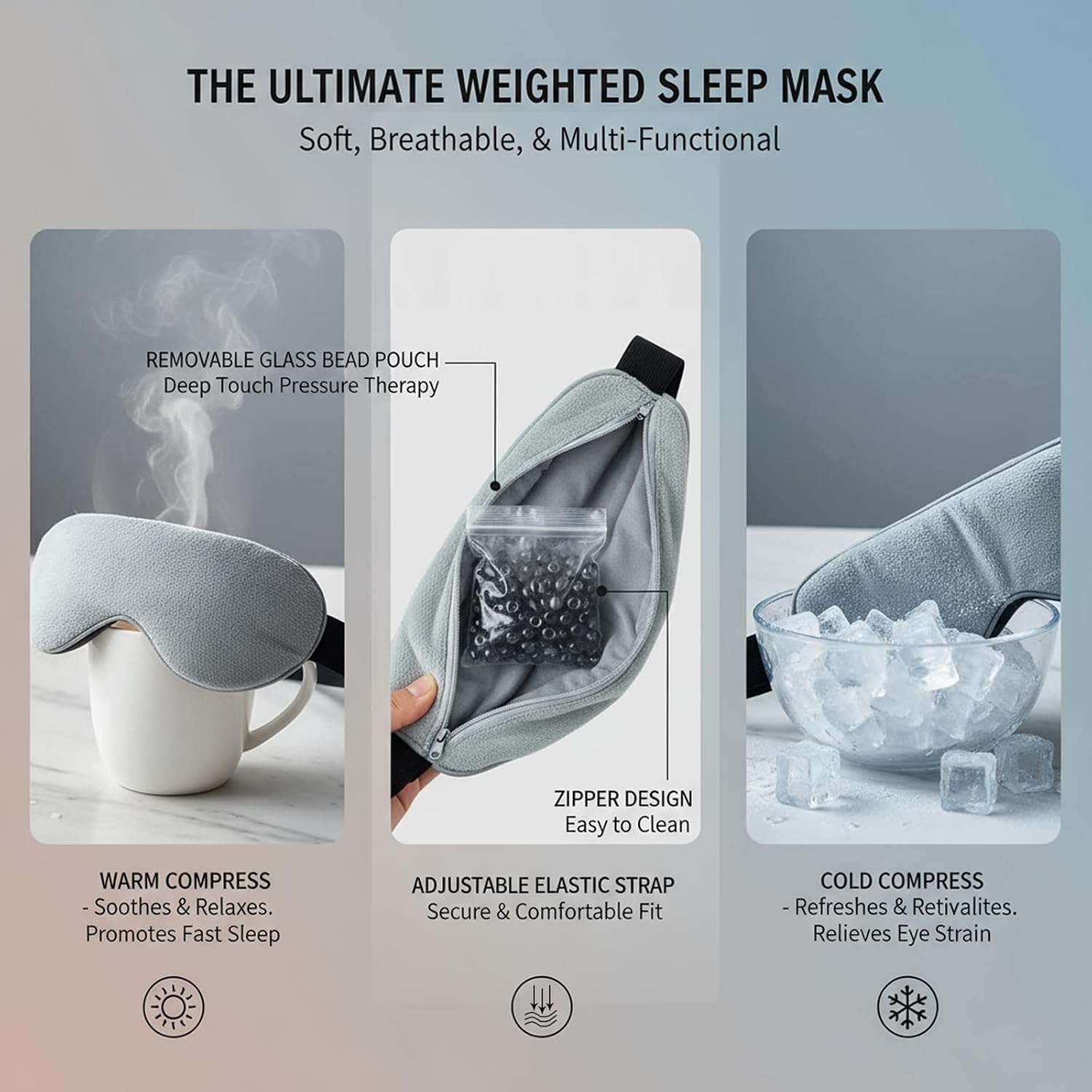 Weighted Eye Mask for Sleeping, Heatable & Freezable Eye Mask with Bead Bag, Soft Plush, Bamboo Fiber & Cotton Sleep Eye Mask with Adjustable Strap for Men & Women, Grey image number 3