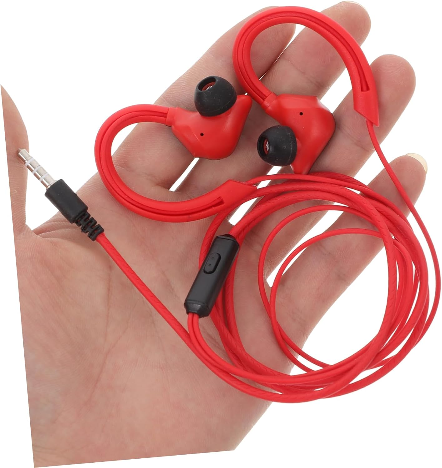 SHINEOFI Wired Ear Hook Earphones In-Line Control, Red Sweat-Proof Earphones for Running and Sports, Low Bass Wired Earbuds Compatible Cell Phones for Active Lifestyles image number 2