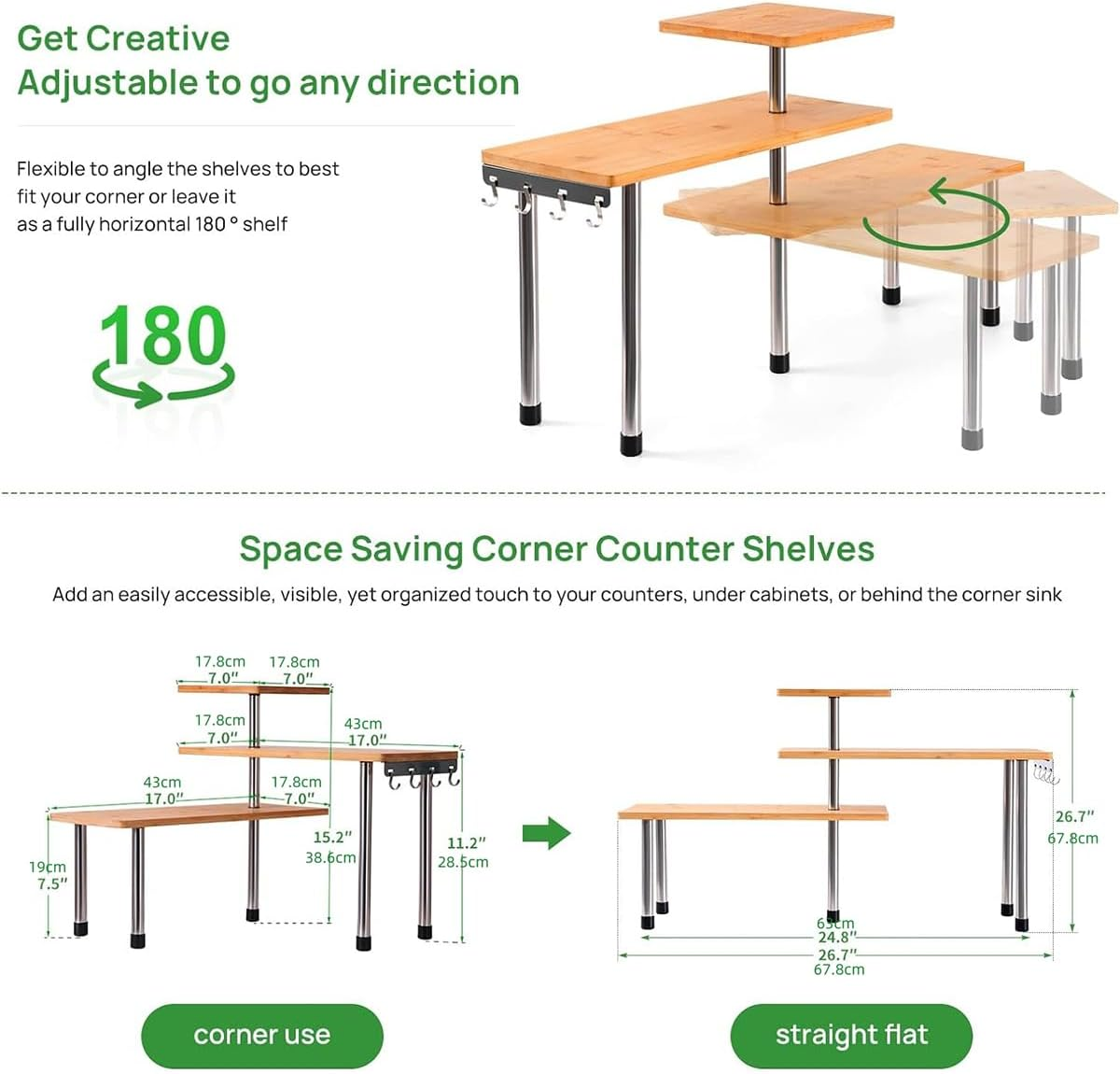 9SHOME Kitchen Corner Shelf Countertop Organiser, 3 Tier Adjustable Bamboo Spice Rack Organizer with Hooks, Wooden Counter Top Storage Rack for Kitchen, Bathroom, Living Room, Coffee Station