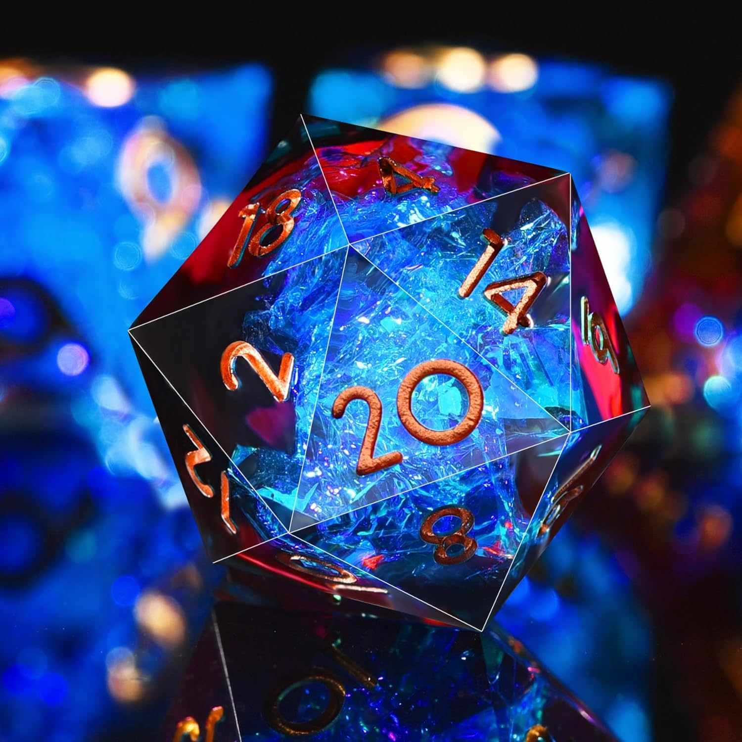 AUSTOR 7-Die DND Dice Set Handmade Sharp Edge Polyhedral Dice for Dungeons and Dragons RPG MTG Table Games（Flame Red & Ice Blue） - Black  Blue image number 2