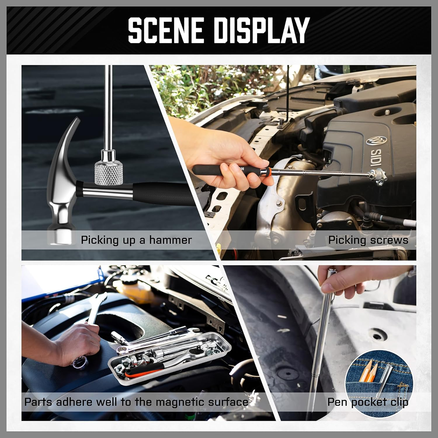 HORUSDY 5-Piece Magnetic Pickup Tools Set, Includes 15LB, 10LB, 3LB, 1.5LB Magnet Sticks, Rust-Proof Magnetic Tray, Telescoping Design for Mechanics, Automotive, DIY, Gifts for Men, Dad