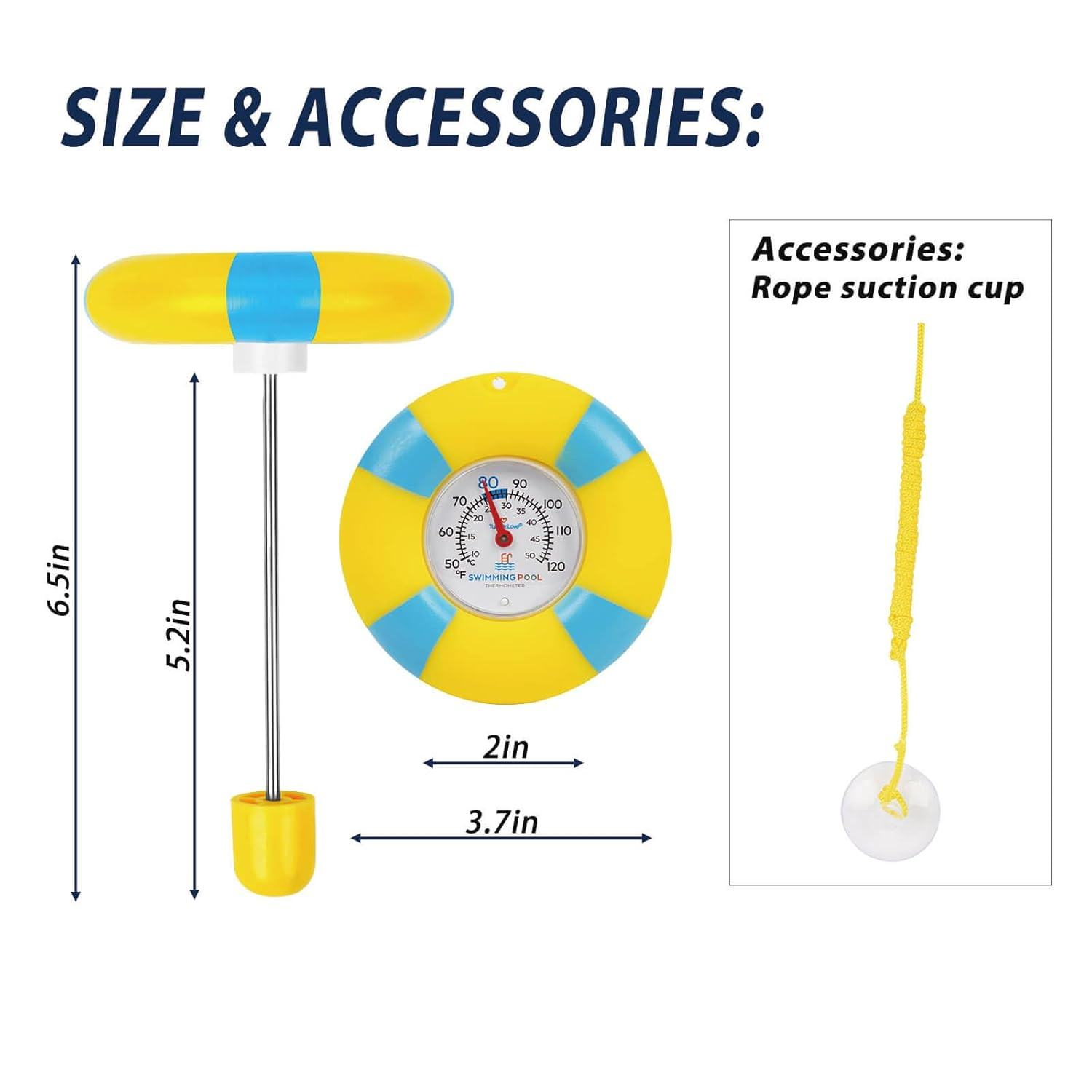 Pool Thermometer Floating Easy Read - Dial Panel Pool Temperature Thermometers Long-Distance Read, 304 Stainless Steel Probe for Swimming Pools, Pond Thermometers for Outdoor Ponds