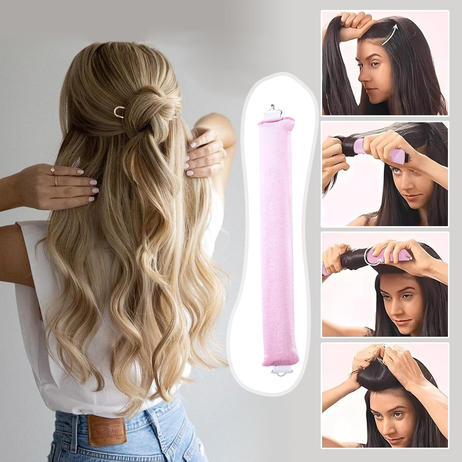 Pack of 3 Heatless Curls, Flexi Rods with Hooks, Overnight, for Different Hair Types, Long and Short Hair (Pink, M) image number 5