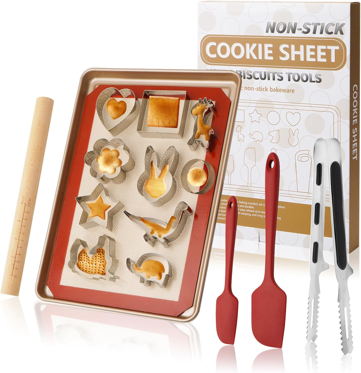 Cookie Cutters Set, 16-Piece Nonstick Baking Set, Complete Cake Baking Set with Baking Pan Baking Mat Rolling Pin Spatula Clamp (Animals)
