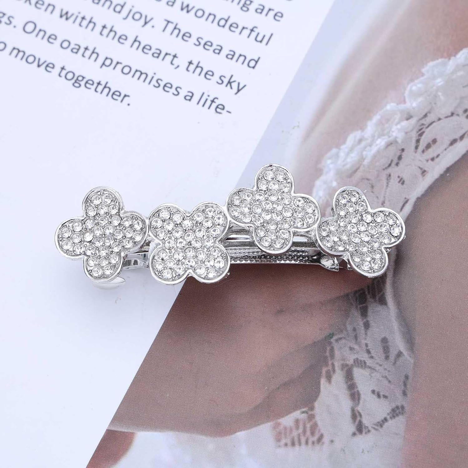 Wendalern Boho Rhinestone Flower Hair Clip Crystal Floral Cluster Hair Pin Clip Silver Four-Leaf Clover Non-Slip Metal Hair Clips Wedding Headwear Hair Styling Accessories for Women image number 6